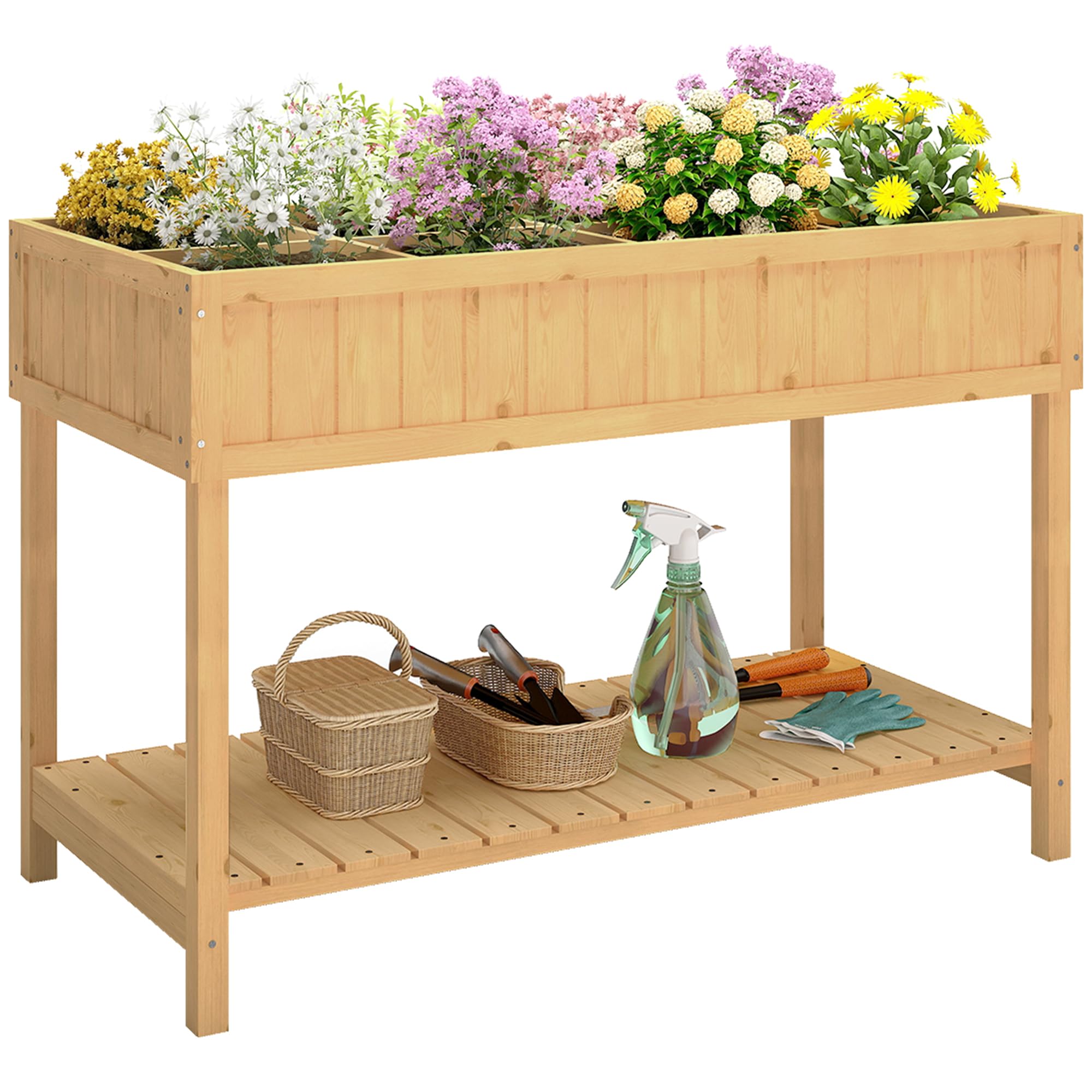 Outsunny 43x18x30in Raised Garden Bed with 8 Pockets and Shelf, Wooden Elevated Planter Box with Legs to Grow Herbs, Vegetables, and Flowers, Natural