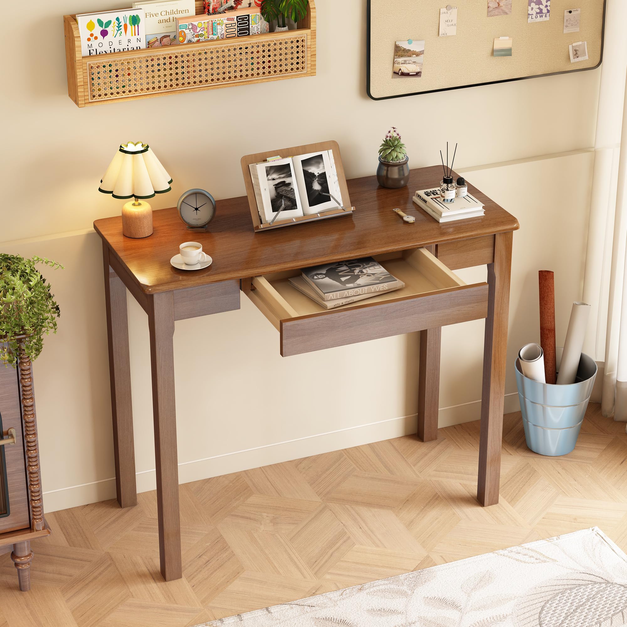 32×16 Inch Walnut Rubberwood Mid Century Narrow Desk with Drawers, Small Writing Table for Bedroom Small Spaces