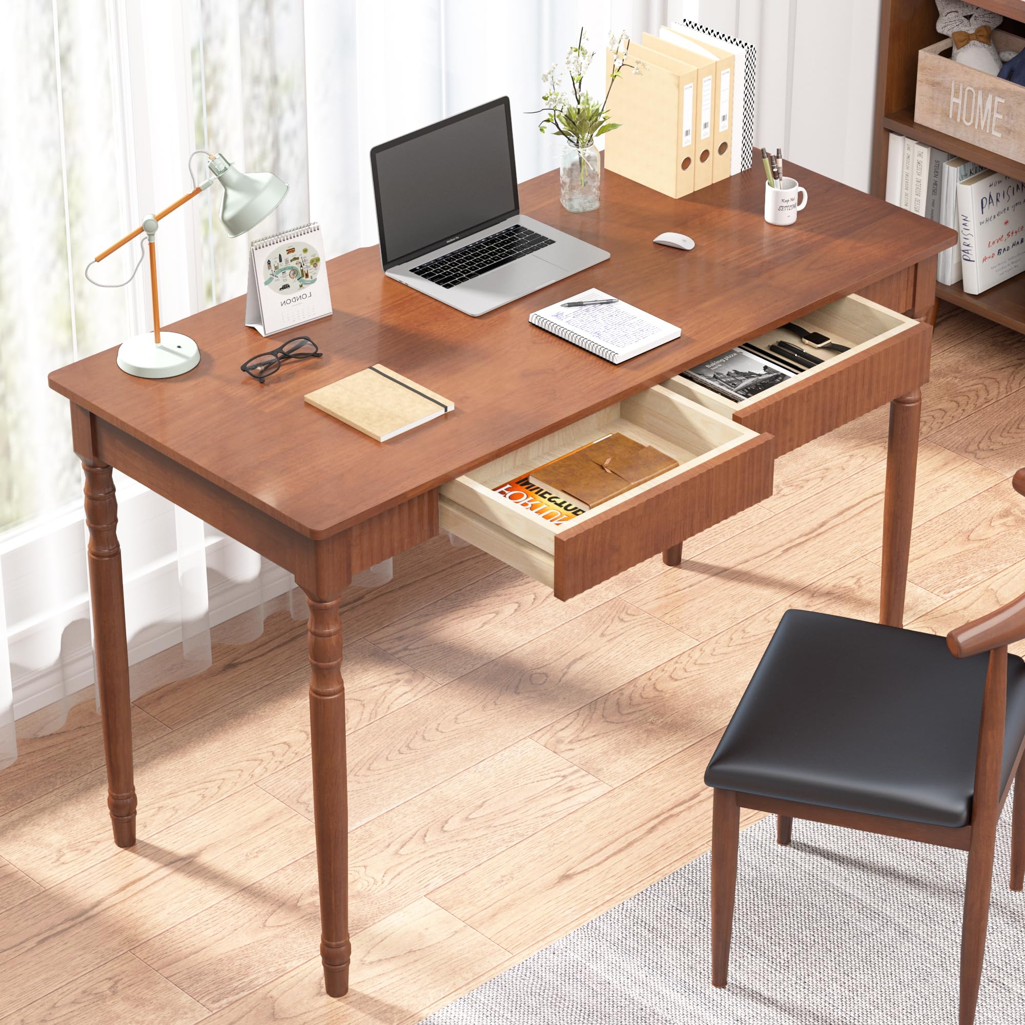 47.2 Inch Walnut Solid Wood Vintage Desk with Drawers and Hooks for Bedroom Office