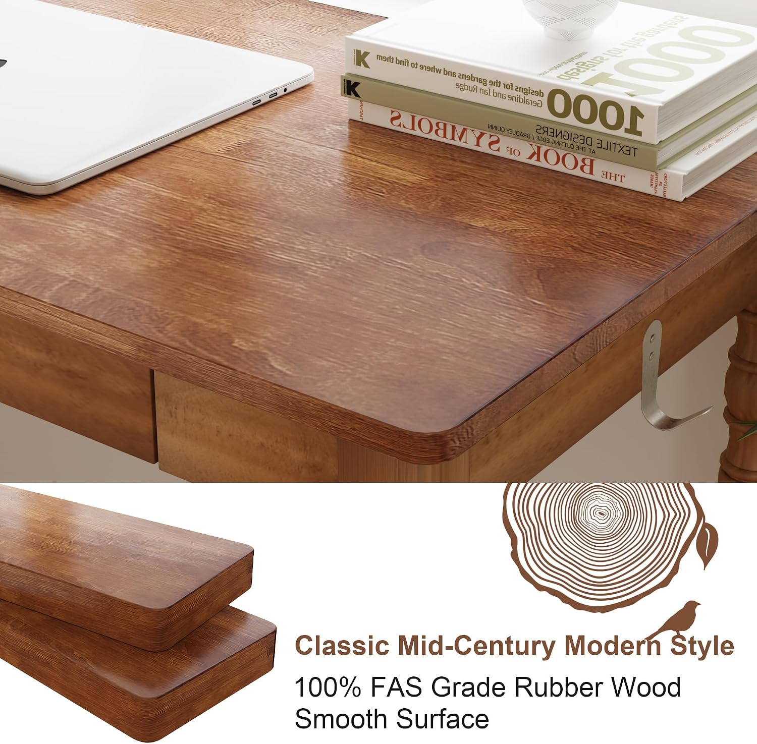 Mid Century Modern Desk, 47" Vintage Solid Wood Desk with 2 Drawers, Boho Writing Desk Computer Table for Home, Office, Bedroom, Living Room
