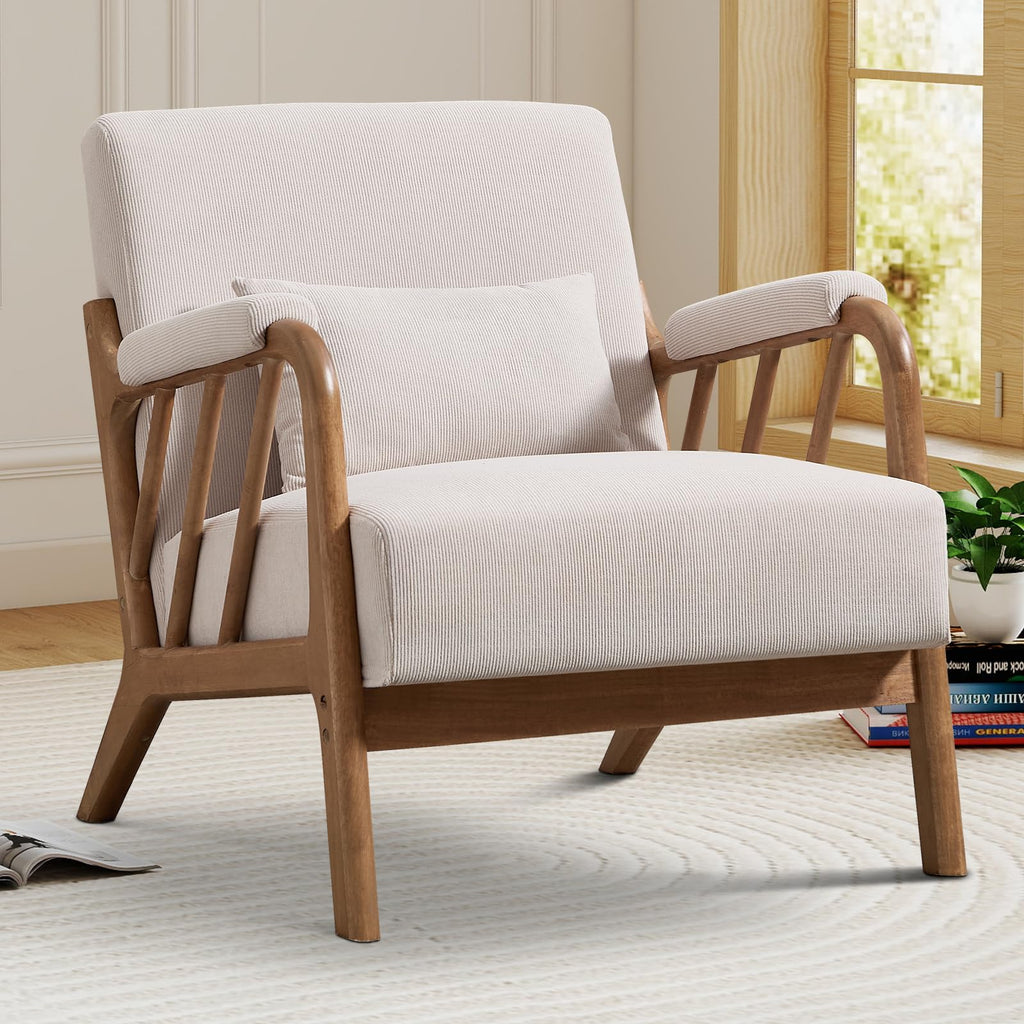 IOMOR Mid Century Modern Accent Chair with Solid Wood Frame Linen Fabric, Upholstered Living Room Chairs with Lumbar Cushion Padded Arms, Reading Armchair for Bedroom (1, Warm Beige)