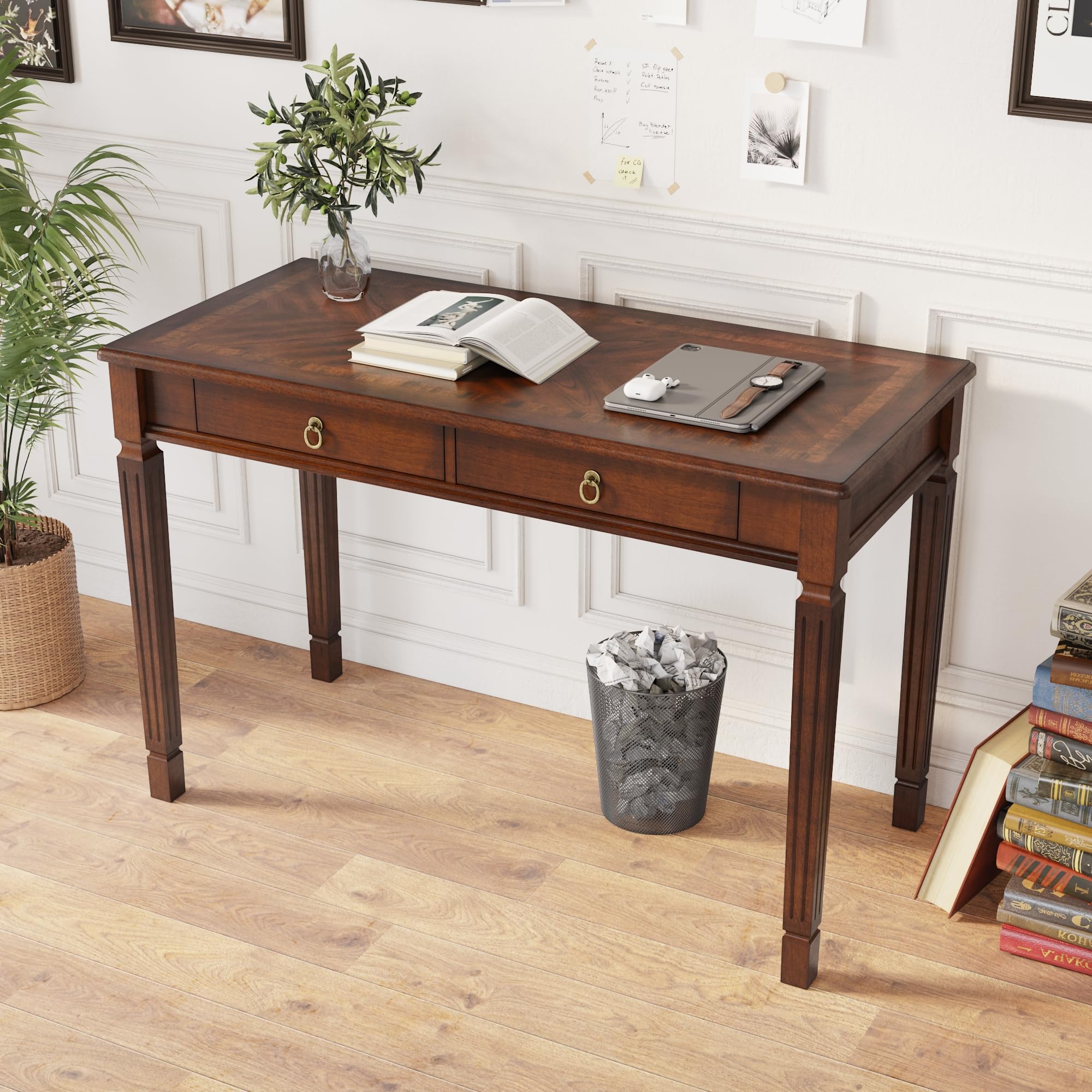 Vintage Wooden Writing Desk with 2 Drawers, Solid Computer Desk Workstation 46in Wide Study Table for Home Office, Small Secretary Table in Cherry Walnut, BSZ-D1258