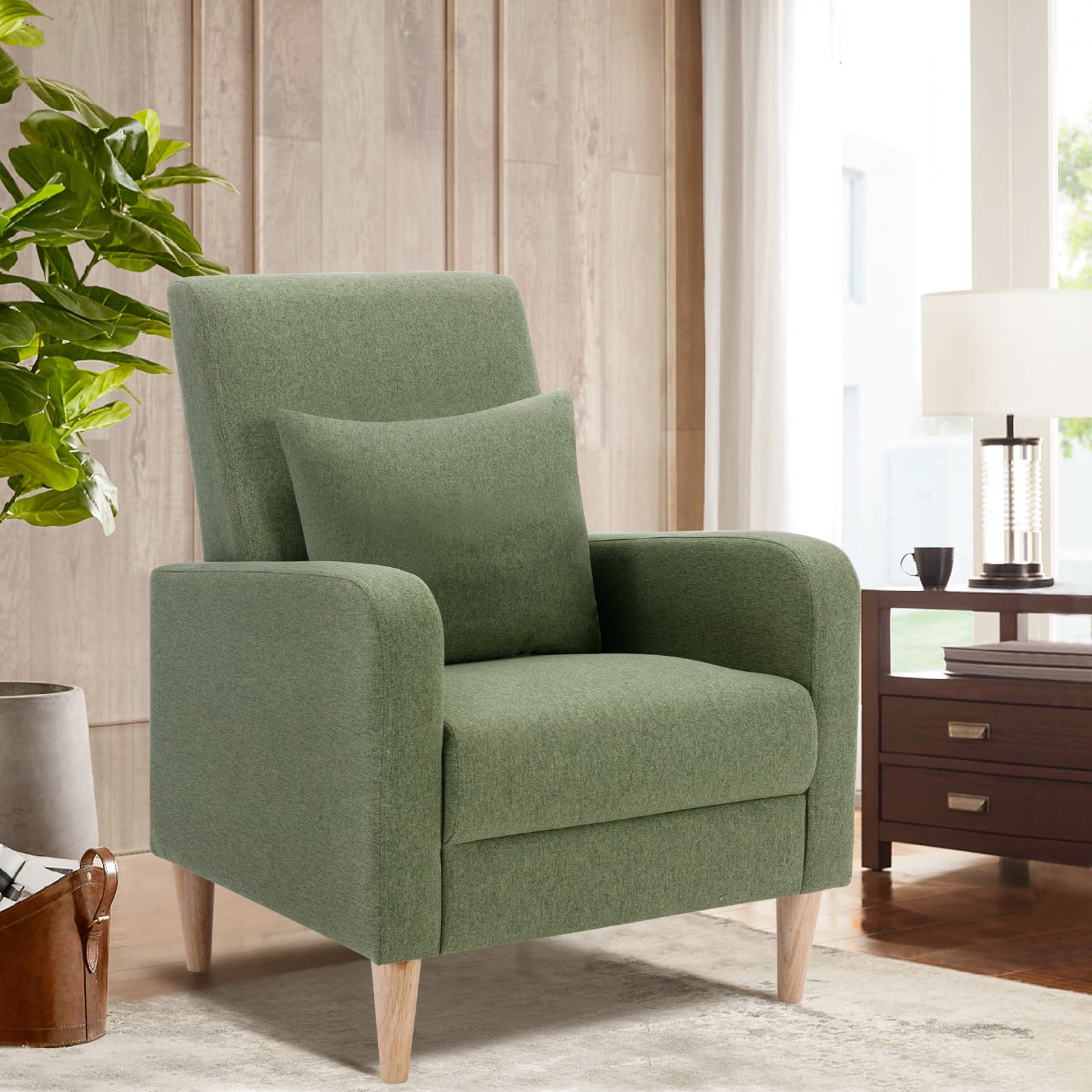 COLAMY Modern Upholstered Accent Chair Armchair with Pillow, Fabric Reading Living Room Side Chair,Single Sofa with Lounge Seat and Wood Legs, Blue