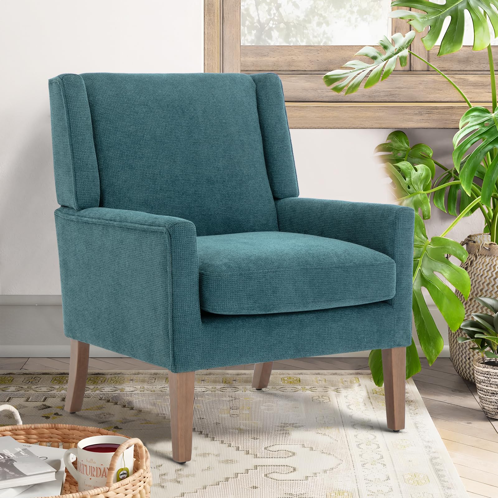 COLAMY Modern Wingback Living Room Chair, Upholstered Fabric Accent Armchair, Single Sofa Chair with Lounge Seat and Wood Legs for Office/Bedroom/Reading Spaces, Beige