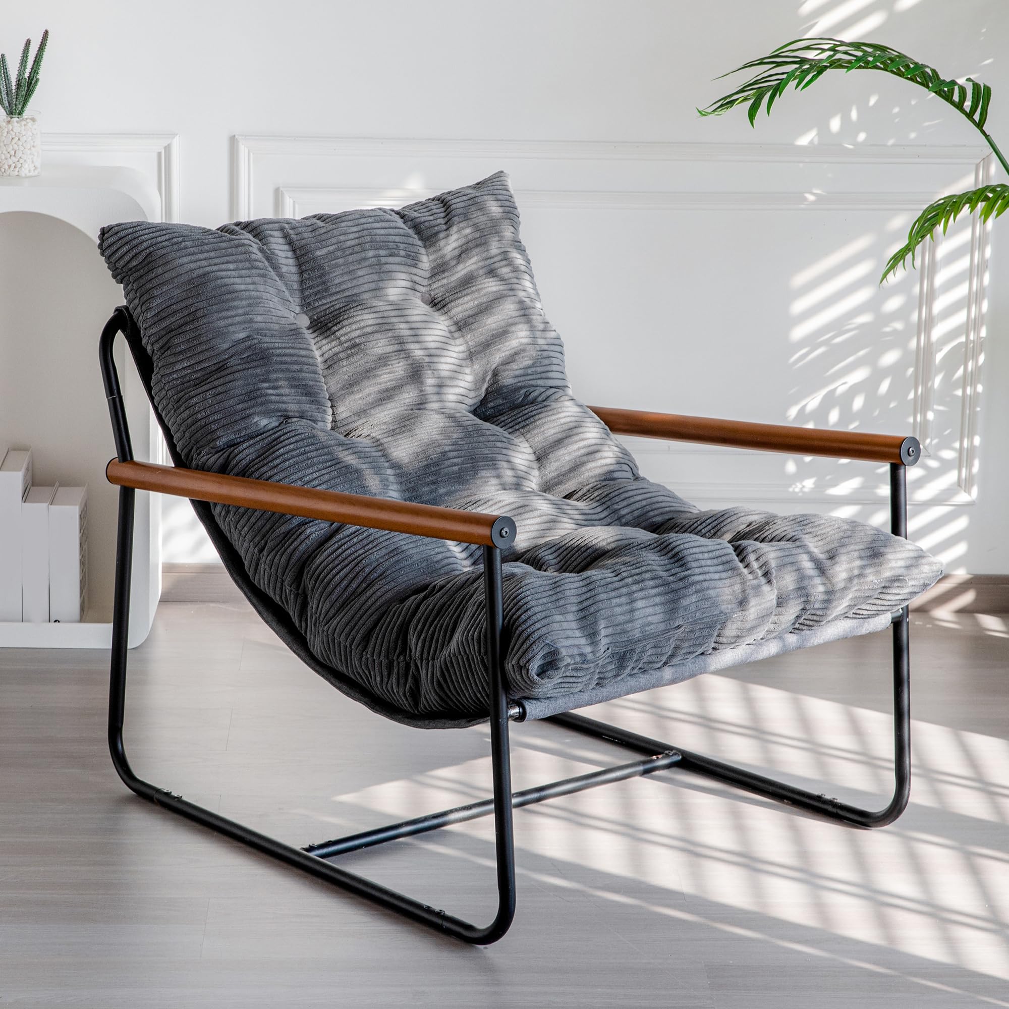 MAXYOYO Modern Accent Chair, Comfy Living Room Chair with Metal Frame Wooden Armrest, Upholstered Armchair with Soft Cushion for Bedroom Balcony Lounge Reading Room, Beige