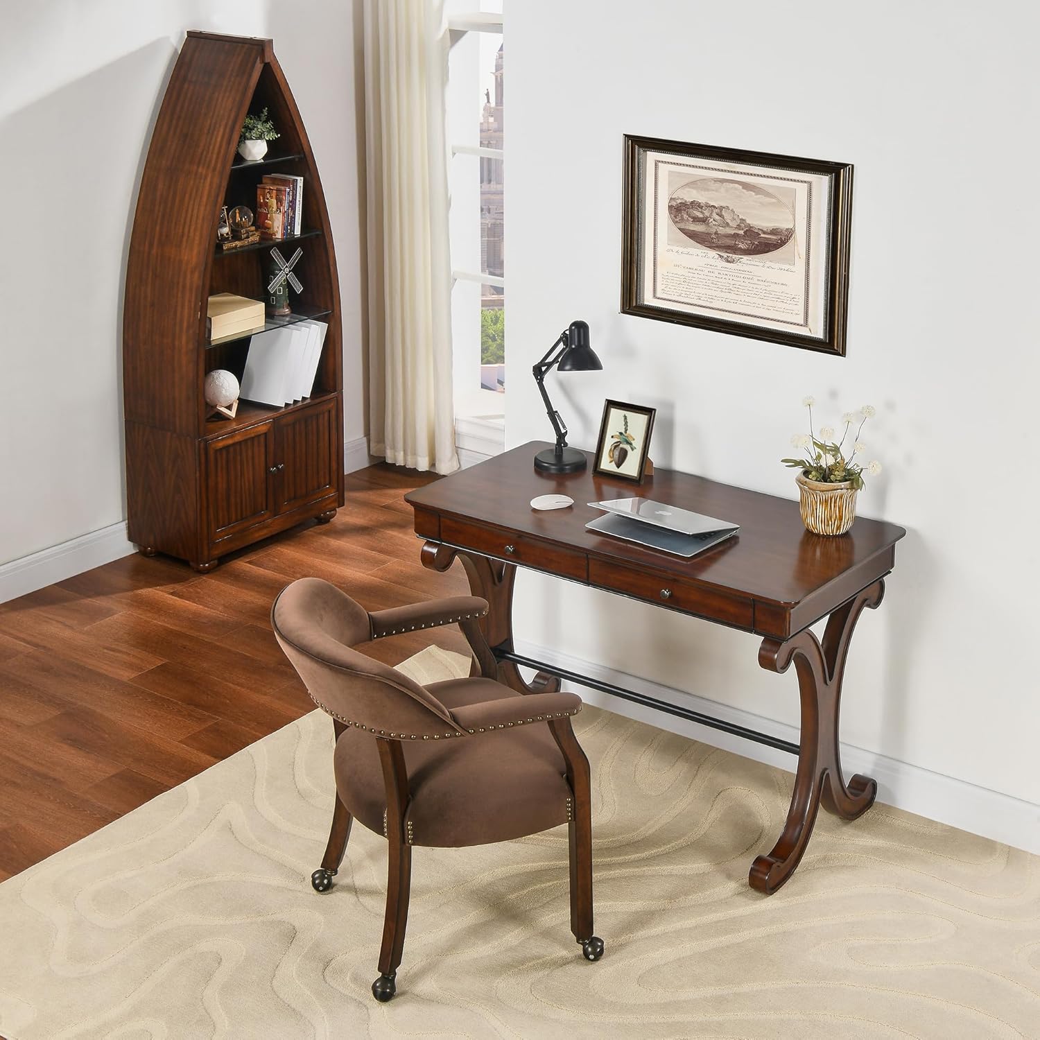 Traditional Wood Writing Desk with 2 Drawers, 47.2" Large Work Desk with Ample Tabletop and Curved Legs, Big Secretary Table in Cherry Walnut for Home Office, SSZ-D0036