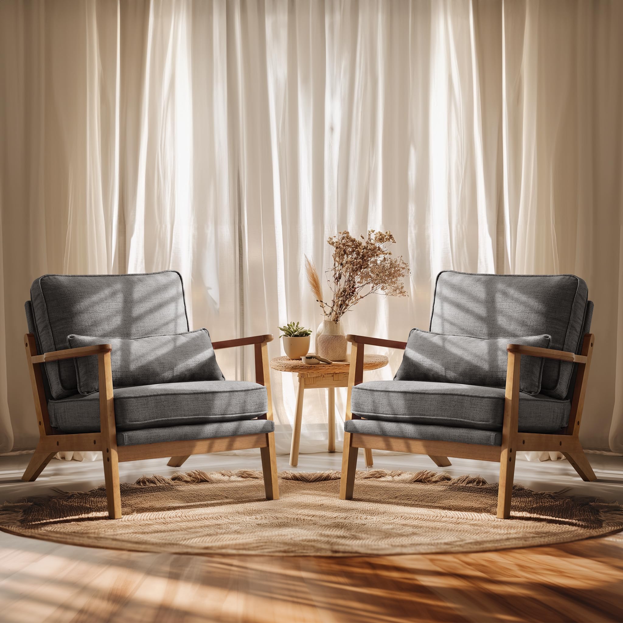 VINGLI Solid Wood Wide Armrests Accent Chair,Upholstered Mid Century Modern Chair with Pillow,Comfy Reading Chair Farmhouse Arm Chair,Chairs Living Room,Bedroom,Guest Room,Suede,Rustic