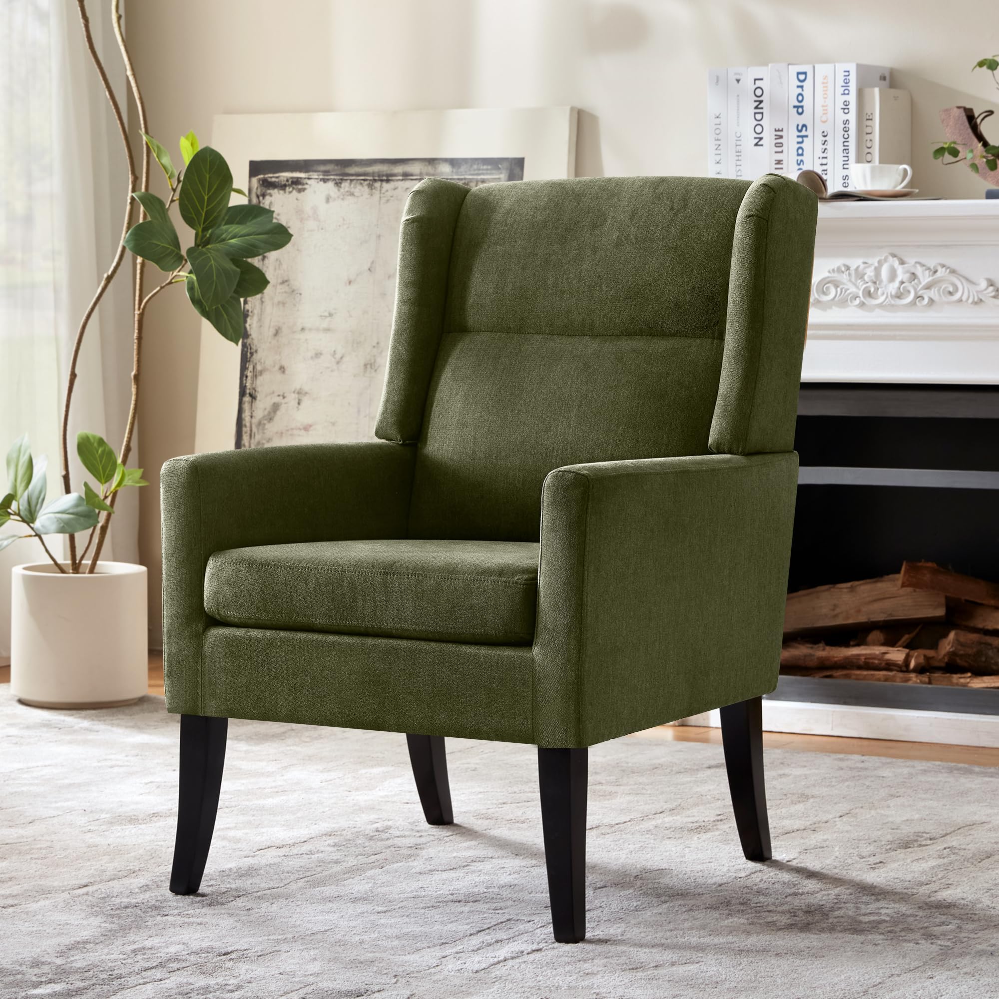 Zihanhome High Back Accent Chair, Fabric Living Room Chairs, Comfy Upholstered Armchair with Wooden Legs for Living Room, Bedroom, Apartment (1, Brown)