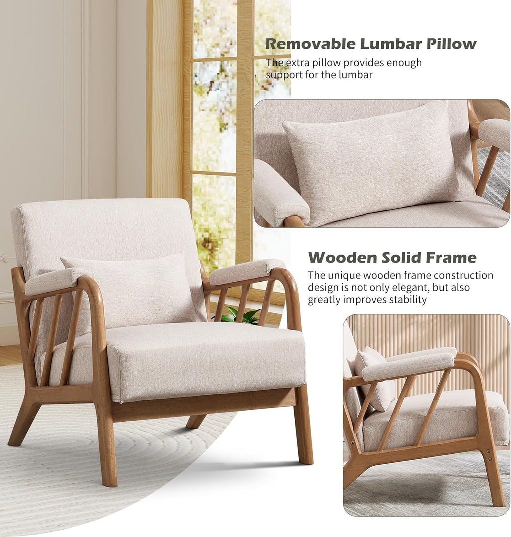 IOMOR Mid Century Modern Accent Chair with Solid Wood Frame Linen Fabric, Upholstered Living Room Chairs with Lumbar Cushion Padded Arms, Reading Armchair for Bedroom (1, Warm Beige)