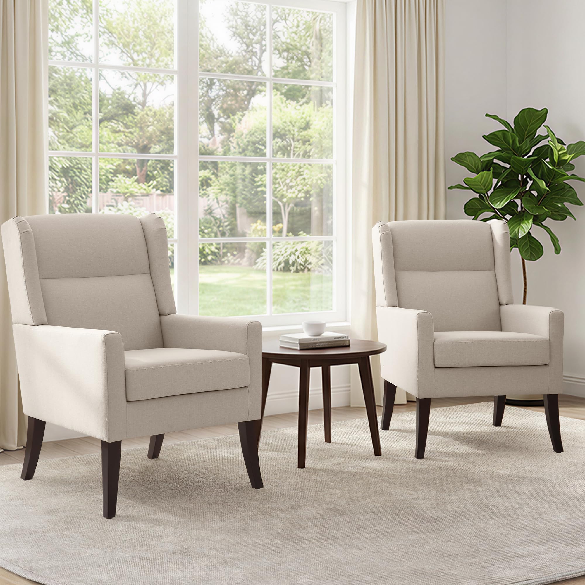 Zihanhome High Back Accent Chair, Fabric Living Room Chairs, Comfy Upholstered Armchair with Wooden Legs for Living Room, Bedroom, Apartment (1, Brown)