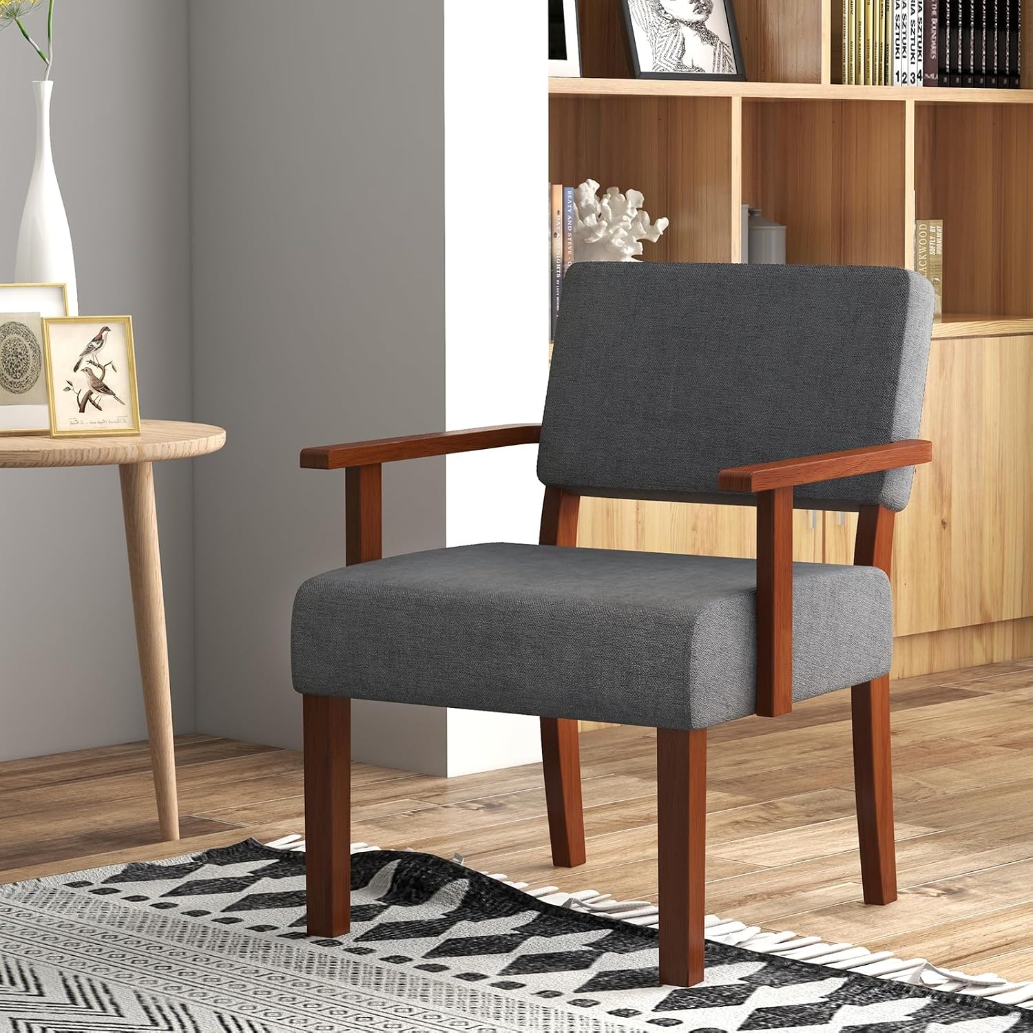 Giantex Mid Century Modern Accent Chair - Linen Living Room Arm Chair w/Soft Padded Seat & Backrest, Rubber Wood Frame, Upholstered Reading Chair for Living Room, Bedroom, Reception, Grey