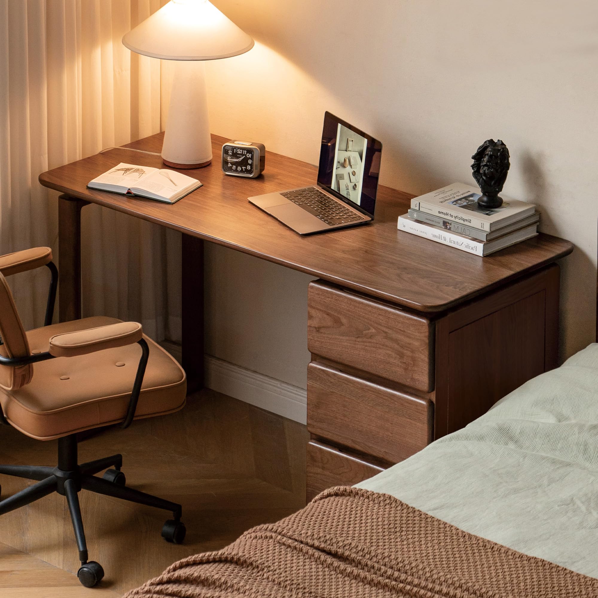 39 Inch Solid Oak Mid Century Desk with 2 Drawers, Home Office Writing Computer Table