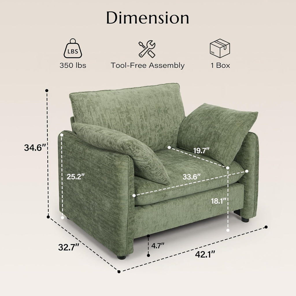 Elegant Oversized Accent Chair, 42.1" Upholstered Modern Piping Single Armchair with Ergonomic Backrest and 2 Pillows for Living Room, Bedroom, Chenille, Green