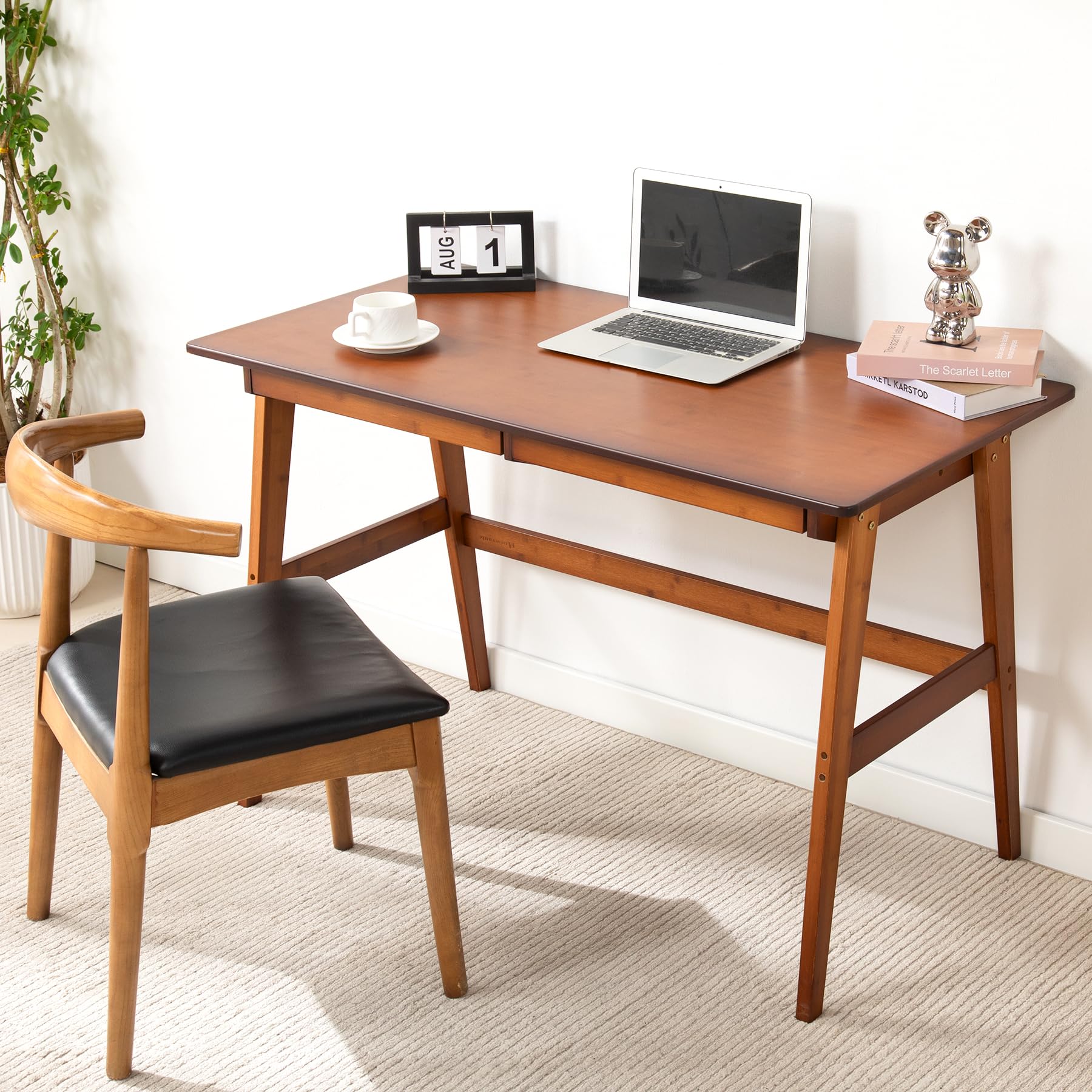 Nnewvante Writing Computer Desk 46" Bamboo Home Office Table with 2 Drawers, Modern Furniture Simple Study Makeup Workstation
