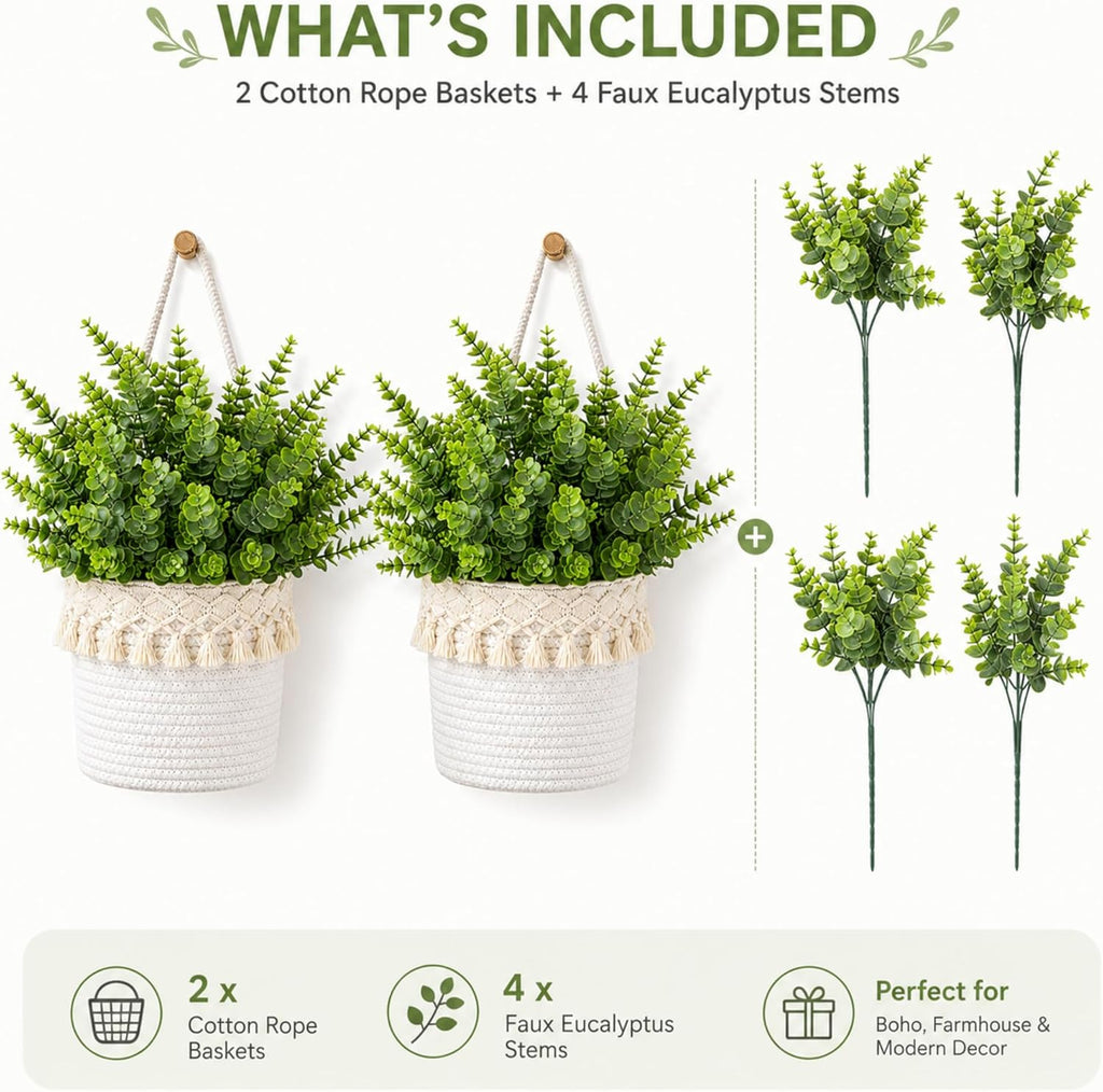 2pcs Hanging Wall Basket with Tassels 4 Pcs Faux Eucalyptus Stems, Boho Cotton Rope Woven Plant Holder, White Hanging Planter for Living Room, Farmhouse Decor, Housewarming Gift for Women