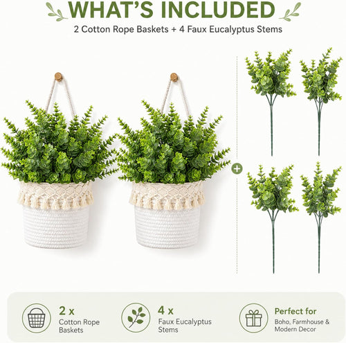 2pcs Hanging Wall Basket with Tassels 4 Pcs Faux Eucalyptus Stems, Boho Cotton Rope Woven Plant Holder, White Hanging Planter for Living Room, Farmhouse Decor, Housewarming Gift for Women