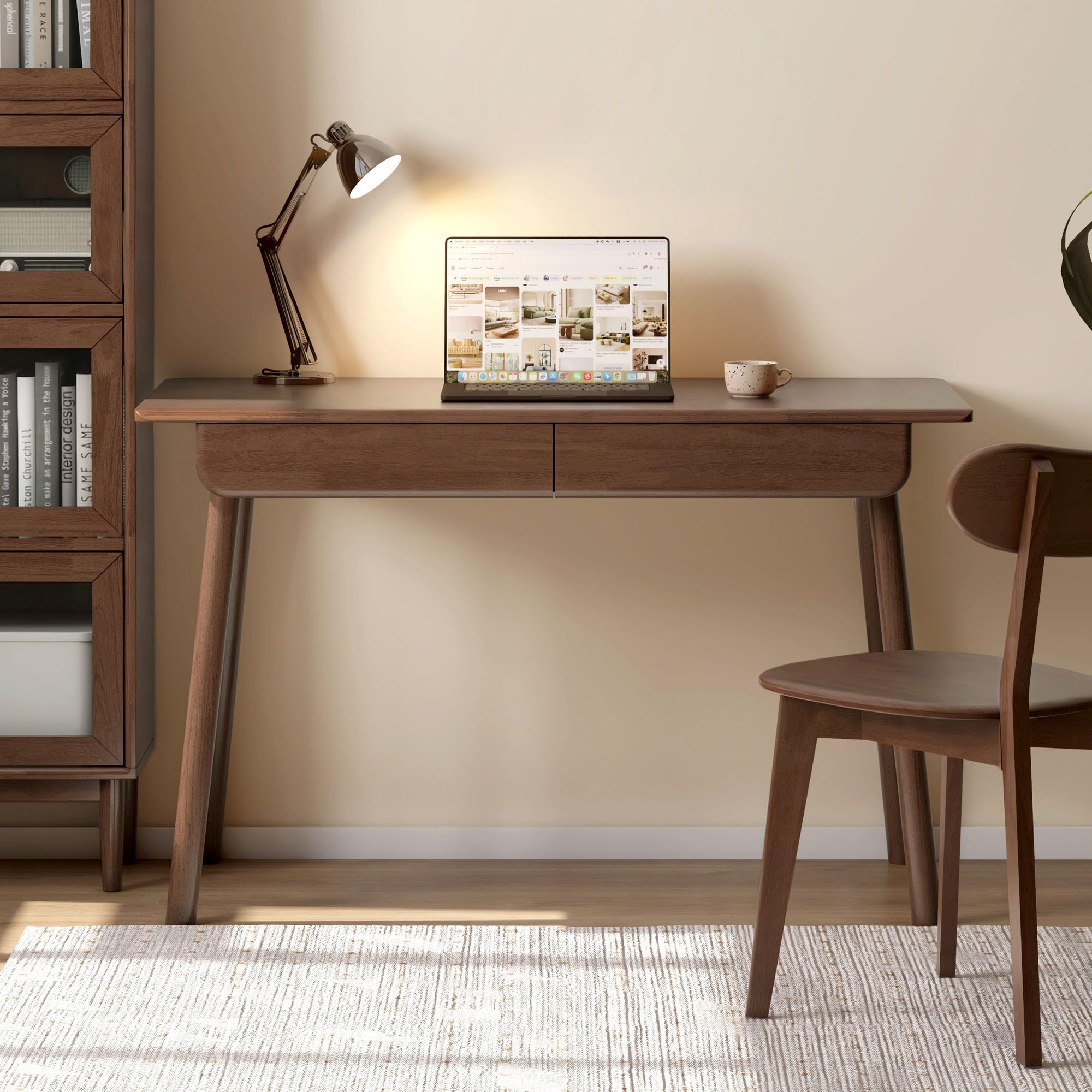 39 Inch Solid Oak Mid Century Desk with 2 Drawers, Home Office Writing Computer Table