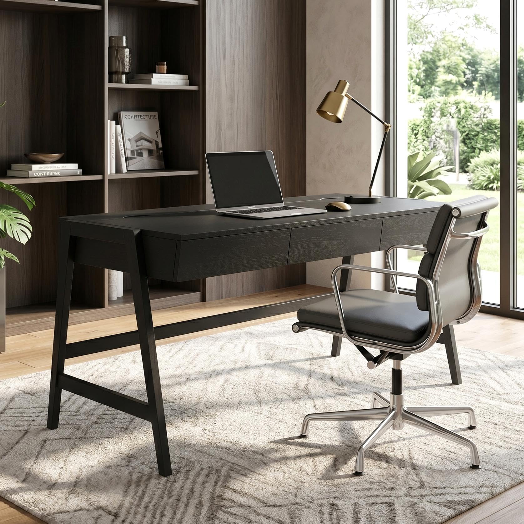 ROCITY Walnut Wood Desk with Drawers Home Office Desk Mid Century Modern Writing Table for Bedroom Vanity Living Room Study Workstation