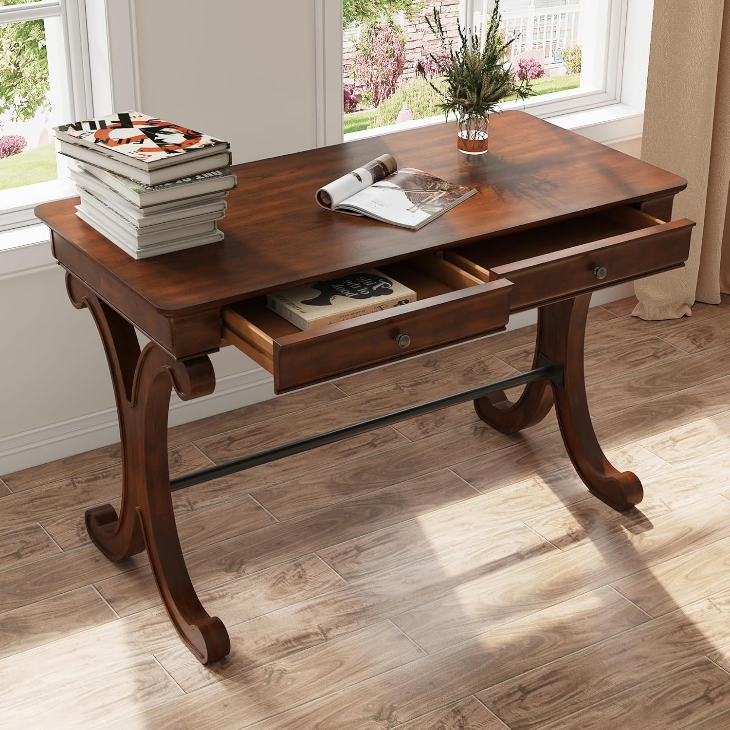 Traditional Wood Writing Desk with 2 Drawers, 47.2" Large Work Desk with Ample Tabletop and Curved Legs, Big Secretary Table in Cherry Walnut for Home Office, SSZ-D0036