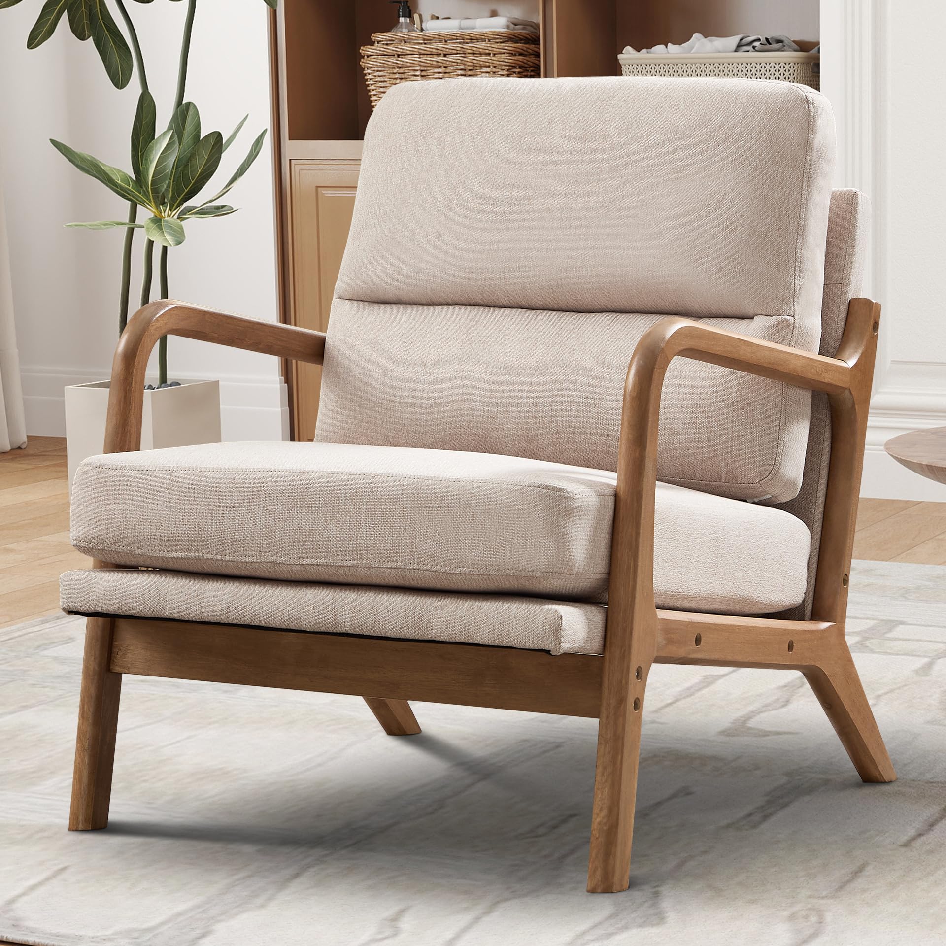 IOMOR Mid Century Modern Accent Chair with Solid Wood Frame Linen Fabric, Upholstered Living Room Chairs with Lumbar Cushion Padded Arms, Reading Armchair for Bedroom (1, Warm Beige)