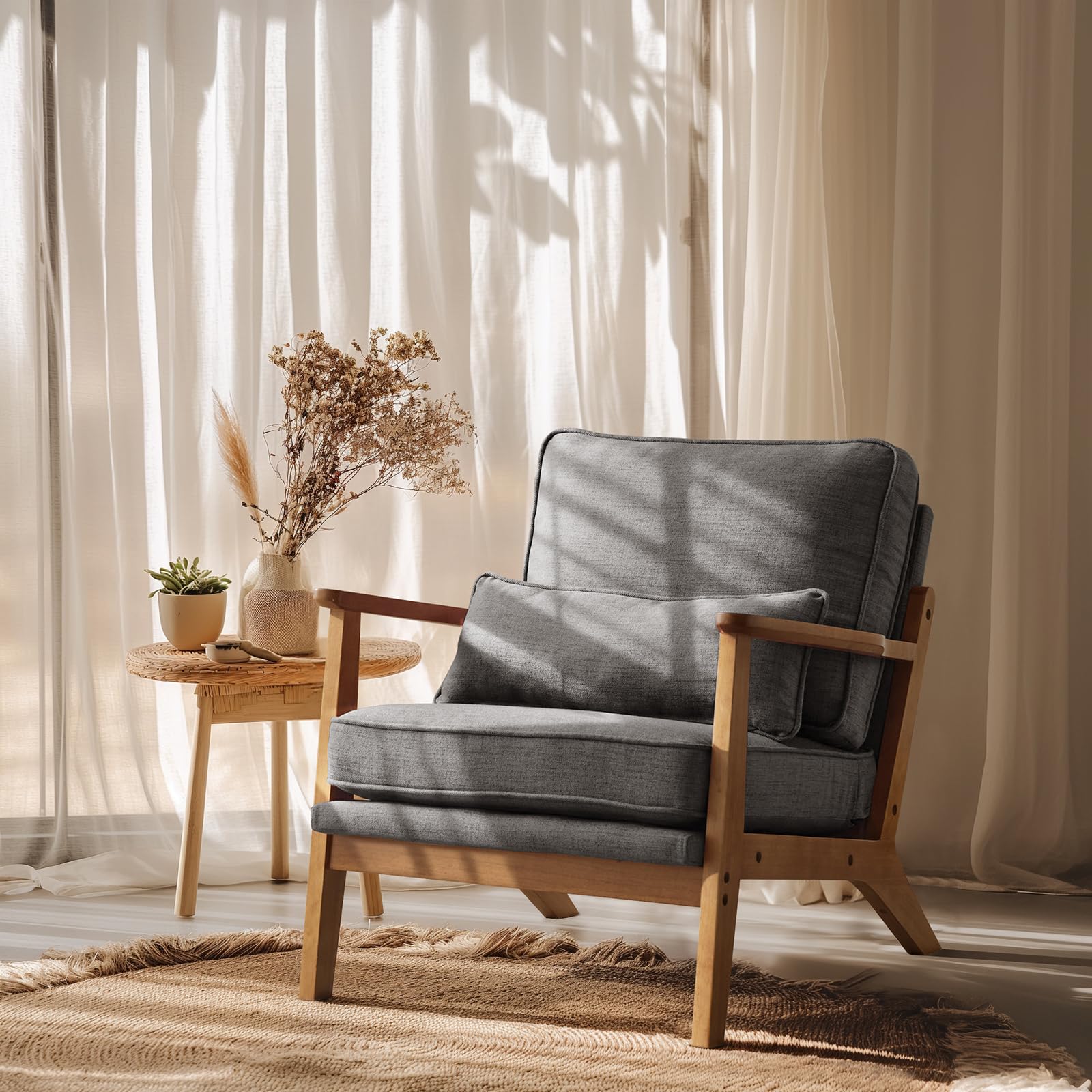 VINGLI Solid Wood Wide Armrests Accent Chair,Upholstered Mid Century Modern Chair with Pillow,Comfy Reading Chair Farmhouse Arm Chair,Chairs Living Room,Bedroom,Guest Room,Suede,Rustic