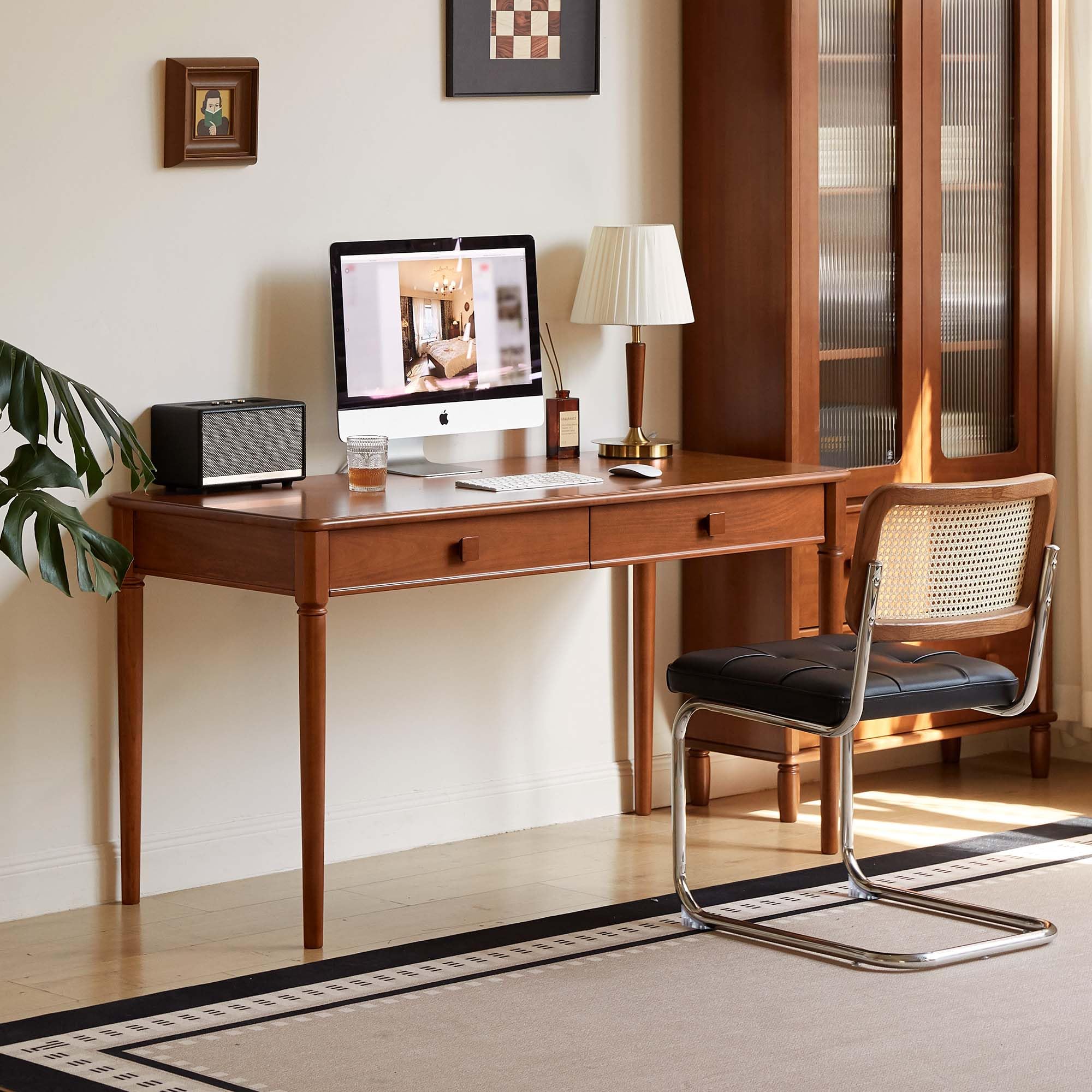 39 Inch Solid Oak Mid Century Desk with 2 Drawers, Home Office Writing Computer Table