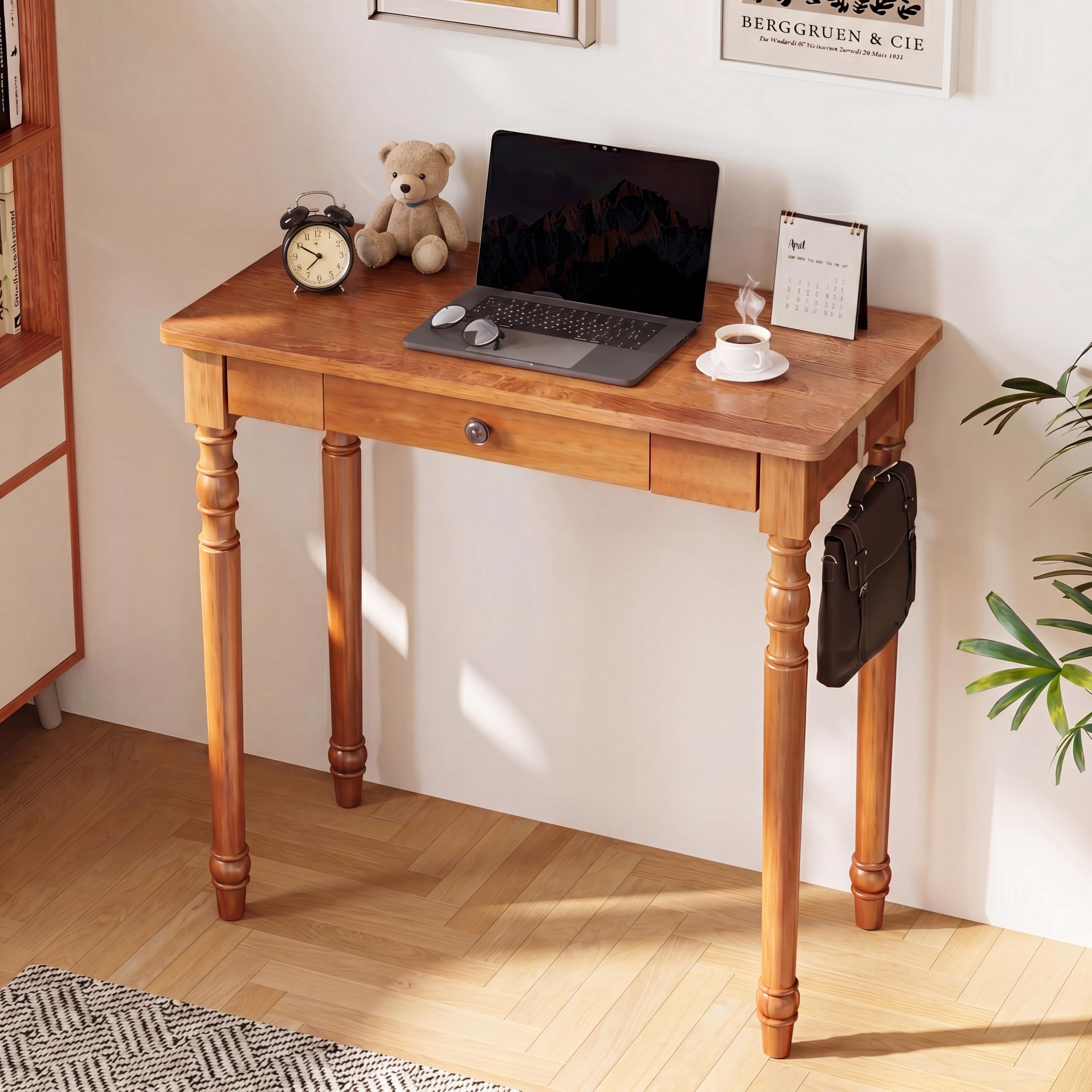 47.2 Inch Walnut Solid Wood Vintage Desk with Drawers and Hooks for Bedroom Office