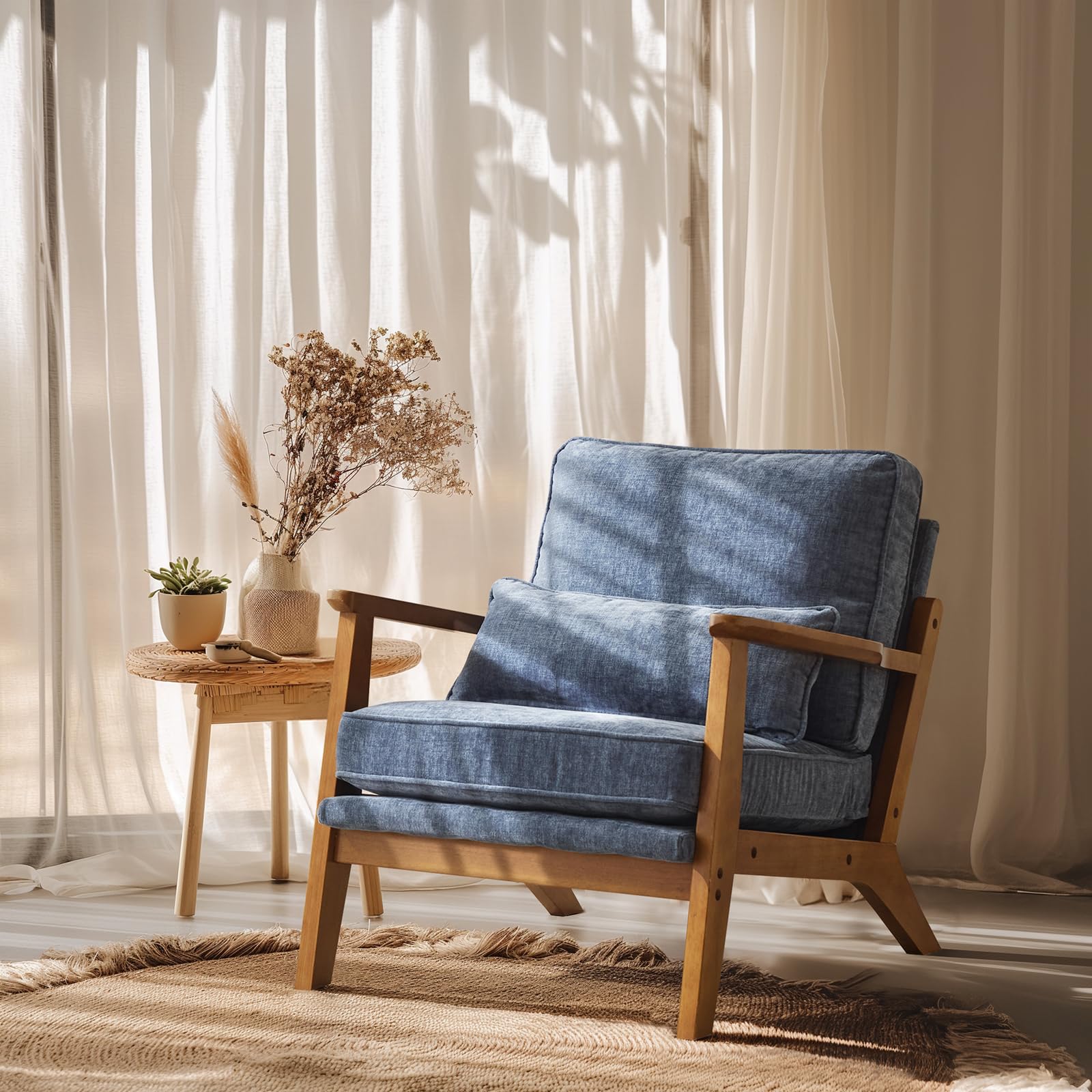 VINGLI Solid Wood Wide Armrests Accent Chair,Upholstered Mid Century Modern Chair with Pillow,Comfy Reading Chair Farmhouse Arm Chair,Chairs Living Room,Bedroom,Guest Room,Suede,Rustic