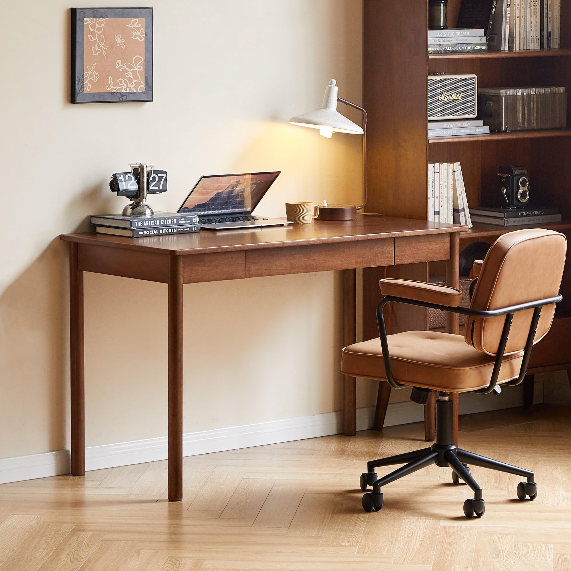 39 Inch Solid Oak Mid Century Desk with 2 Drawers, Home Office Writing Computer Table