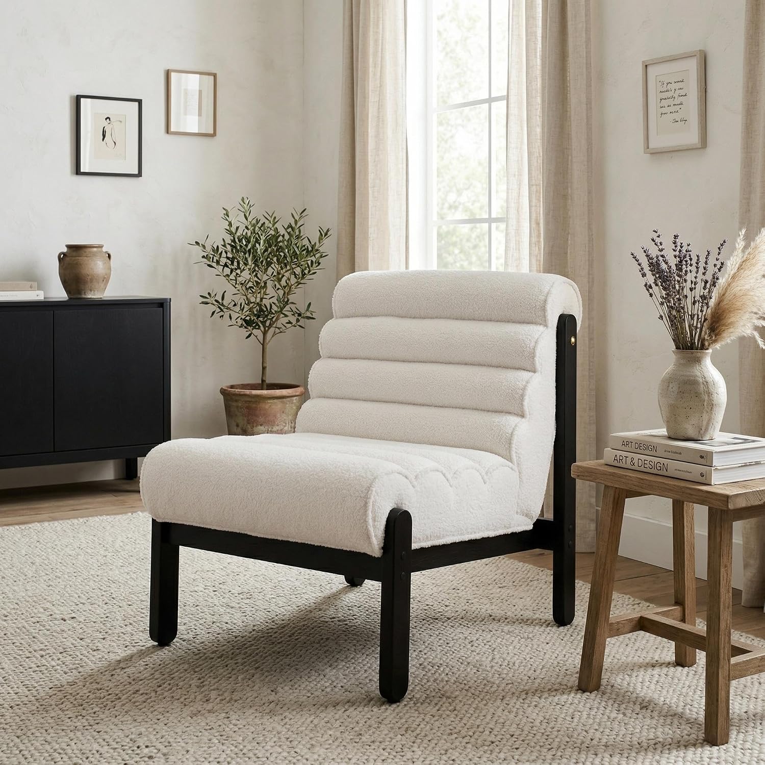 Christopher Knight Home Fluffy Low Profile Accent Chair, Modern Living Room Armless Lounge Chair, Fabric Comfy Reading Chair for Bedroom, Wooden Frame and Thick Padded Seat, White+Black