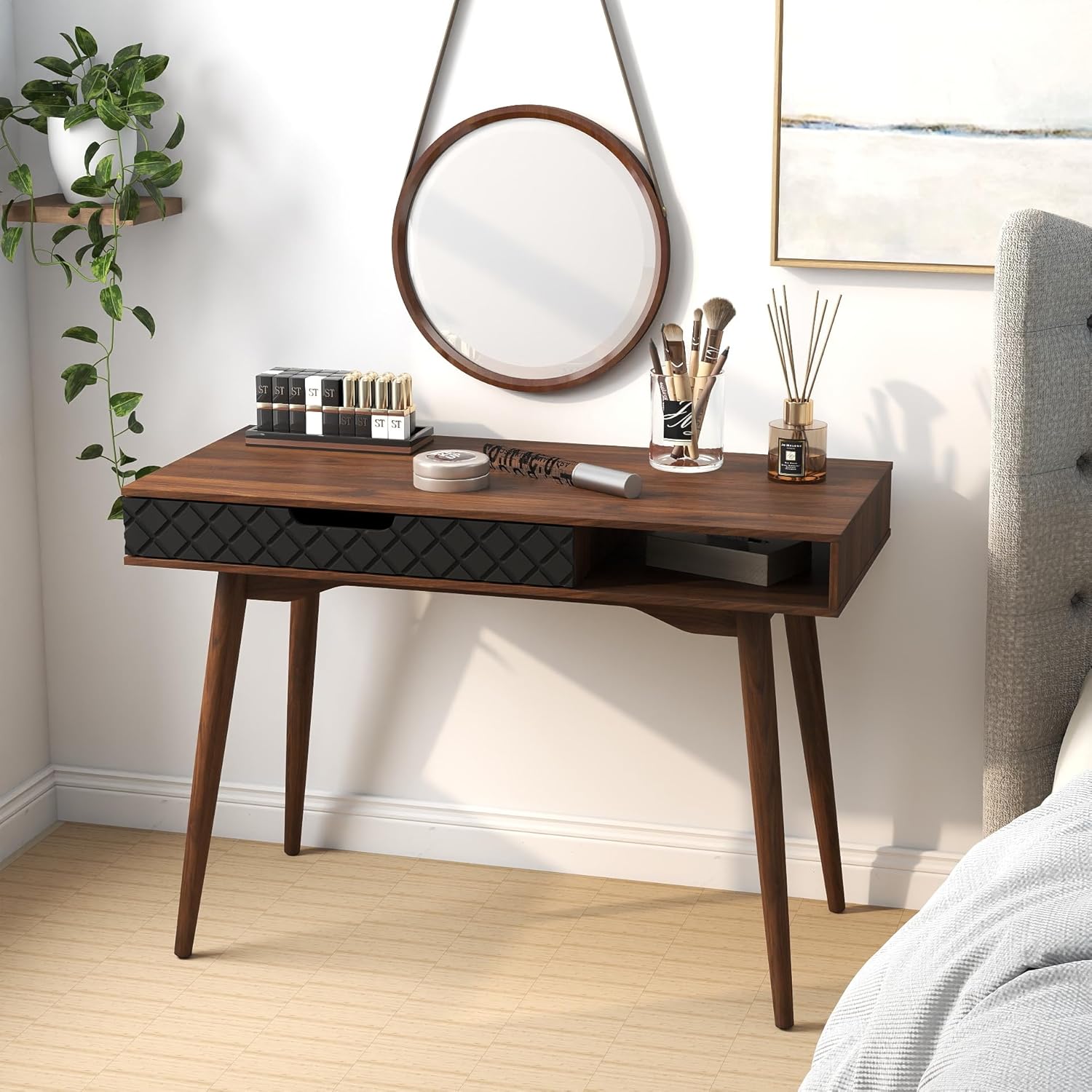 Tangkula Mid Century Modern Desk, Home Office Standing Desk w/Drawer & Open Compartment, Computer Desk Work Study Table, Vintage Writing Desk Wooden Workbench for Bedroom/Living Room
