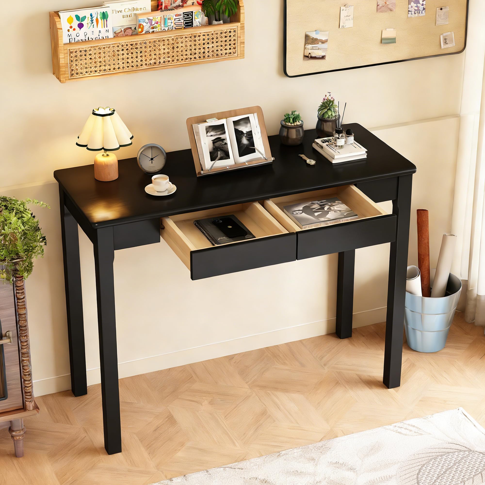 32×16 Inch Walnut Rubberwood Mid Century Narrow Desk with Drawers, Small Writing Table for Bedroom Small Spaces