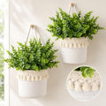 2pcs Hanging Wall Basket with Tassels 4 Pcs Faux Eucalyptus Stems, Boho Cotton Rope Woven Plant Holder, White Hanging Planter for Living Room, Farmhouse Decor, Housewarming Gift for Women
