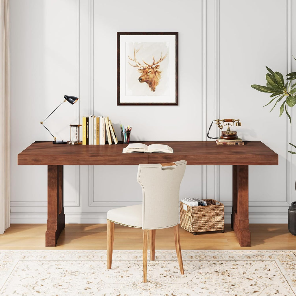 Solid Wood Computer Desk 63inches, Home Office Desk with Sturdy Wood Legs, Farmhouse Workstations Writing Table for Home Office, Dark Brown