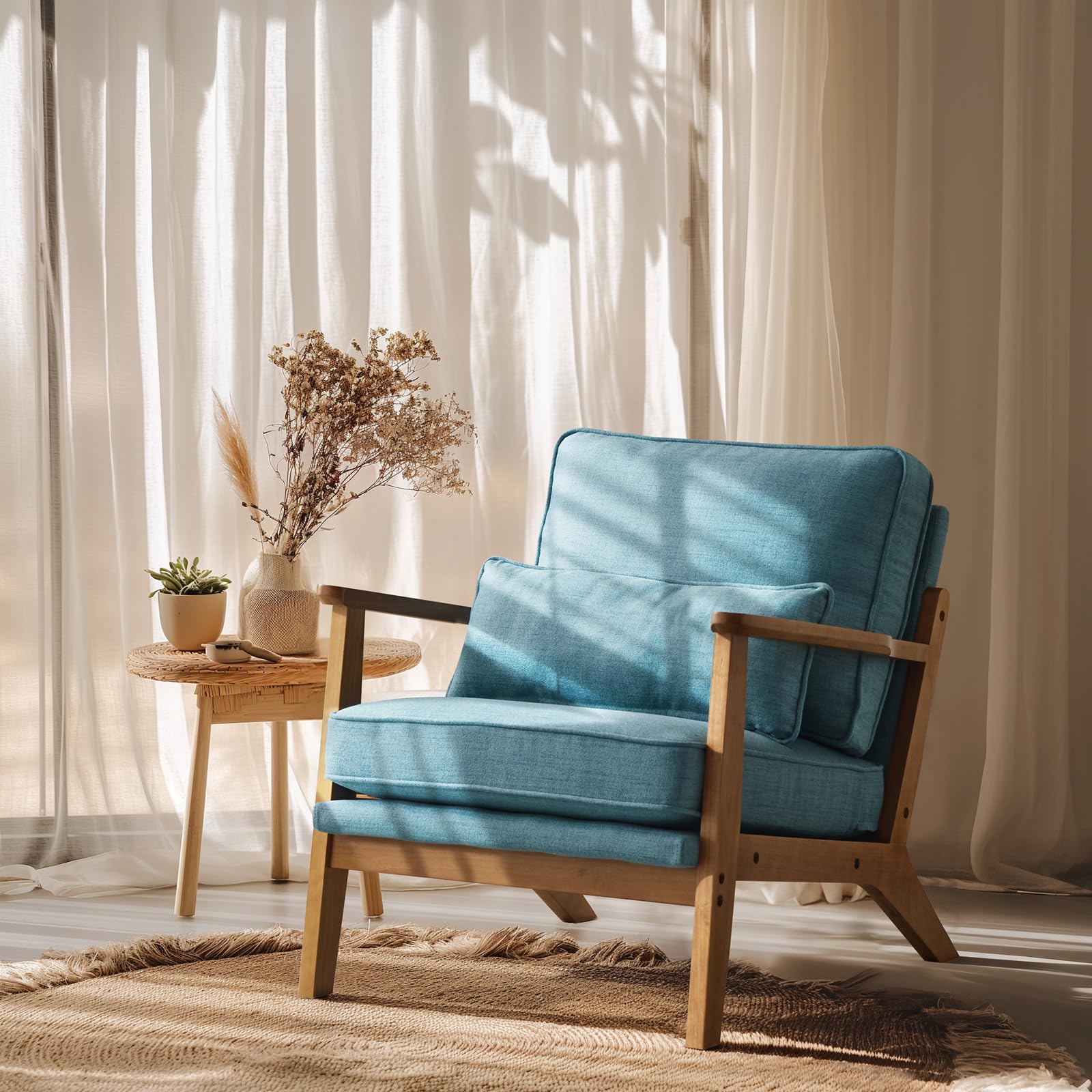 VINGLI Solid Wood Wide Armrests Accent Chair,Upholstered Mid Century Modern Chair with Pillow,Comfy Reading Chair Farmhouse Arm Chair,Chairs Living Room,Bedroom,Guest Room,Suede,Rustic