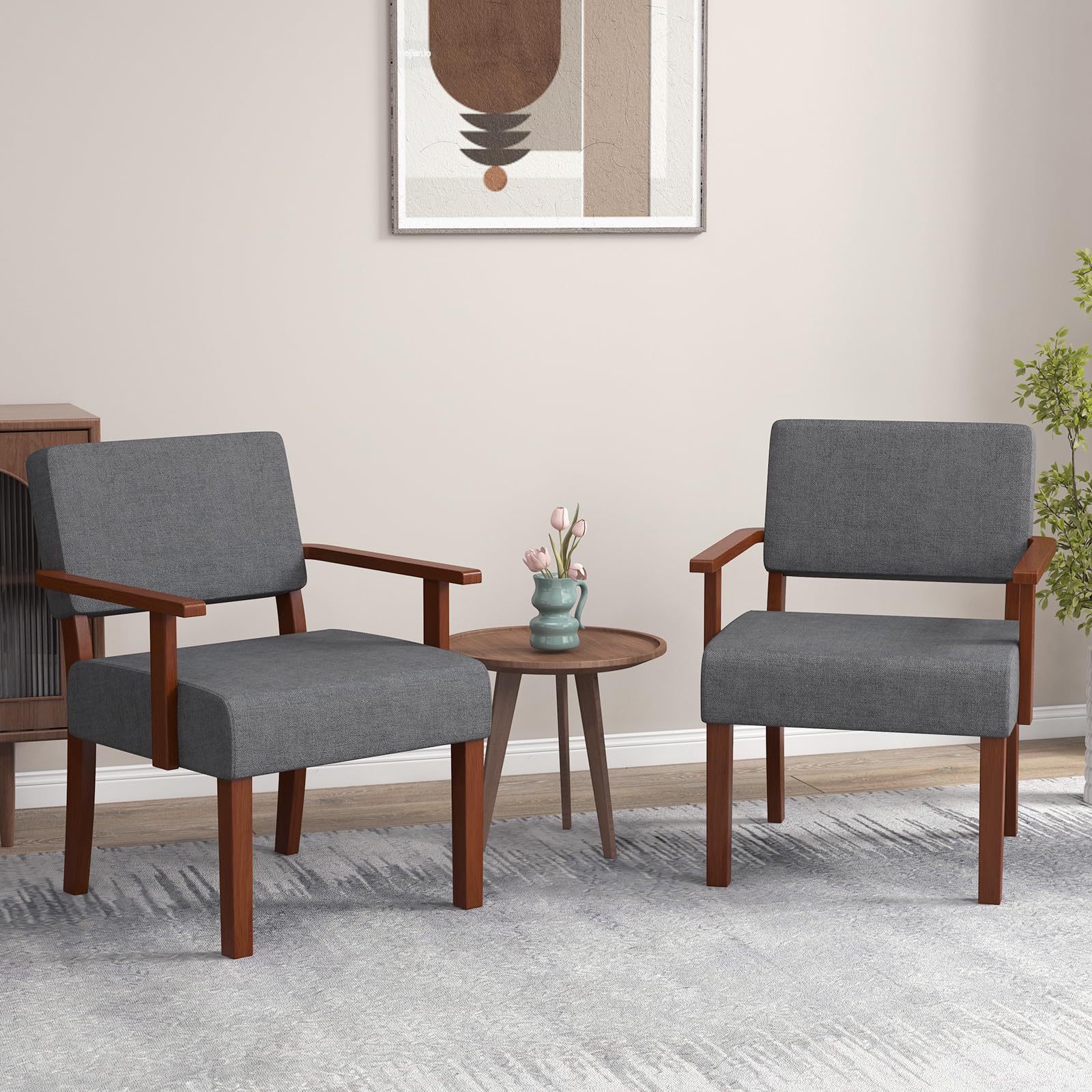 Giantex Mid Century Modern Accent Chair - Linen Living Room Arm Chair w/Soft Padded Seat & Backrest, Rubber Wood Frame, Upholstered Reading Chair for Living Room, Bedroom, Reception, Grey