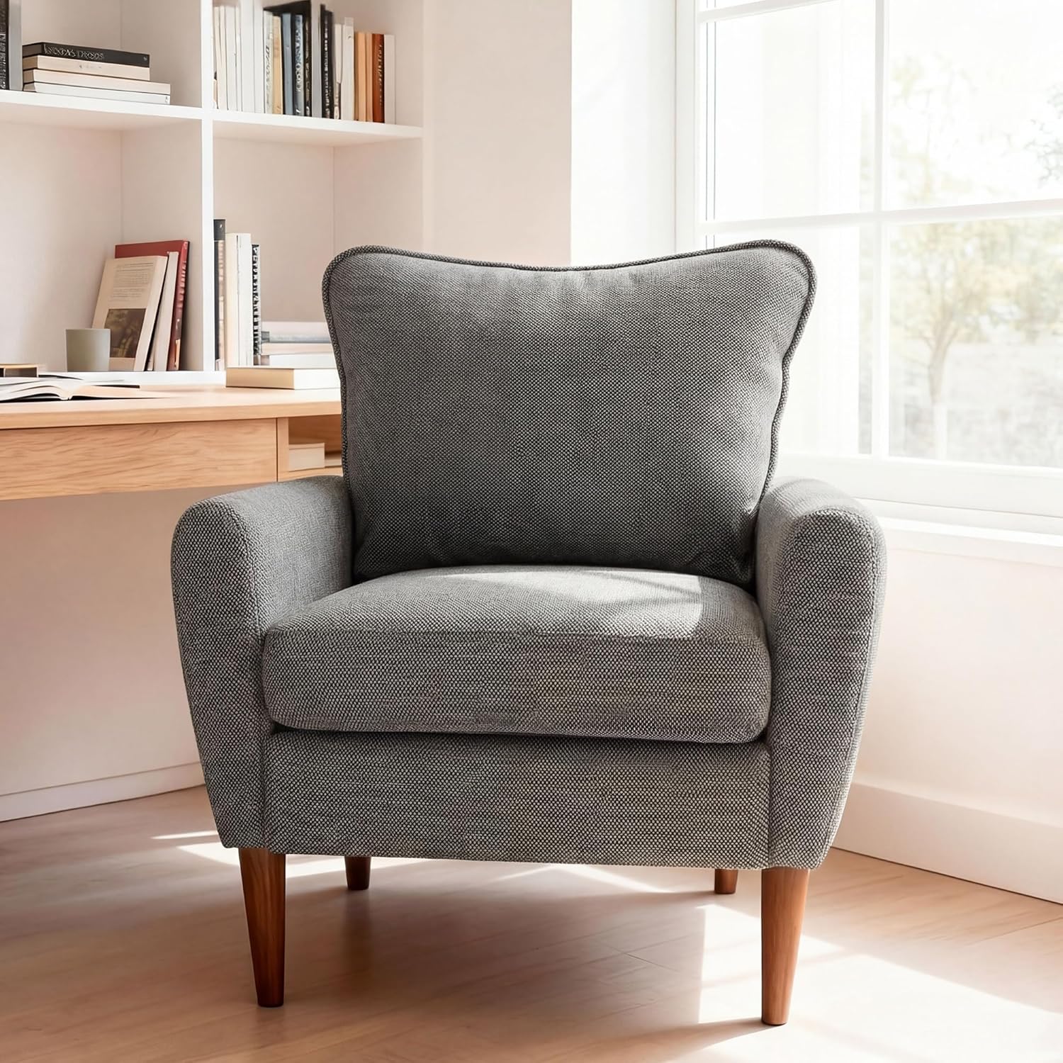 OLIXIS Comfy Accent Chair for Living Room Bedroom and Waiting Room, Upholstered Mid-Century Reading Chair with Pillow and Solid Wood Legs, Wide Singe Modern Lounge Sofa, Gray