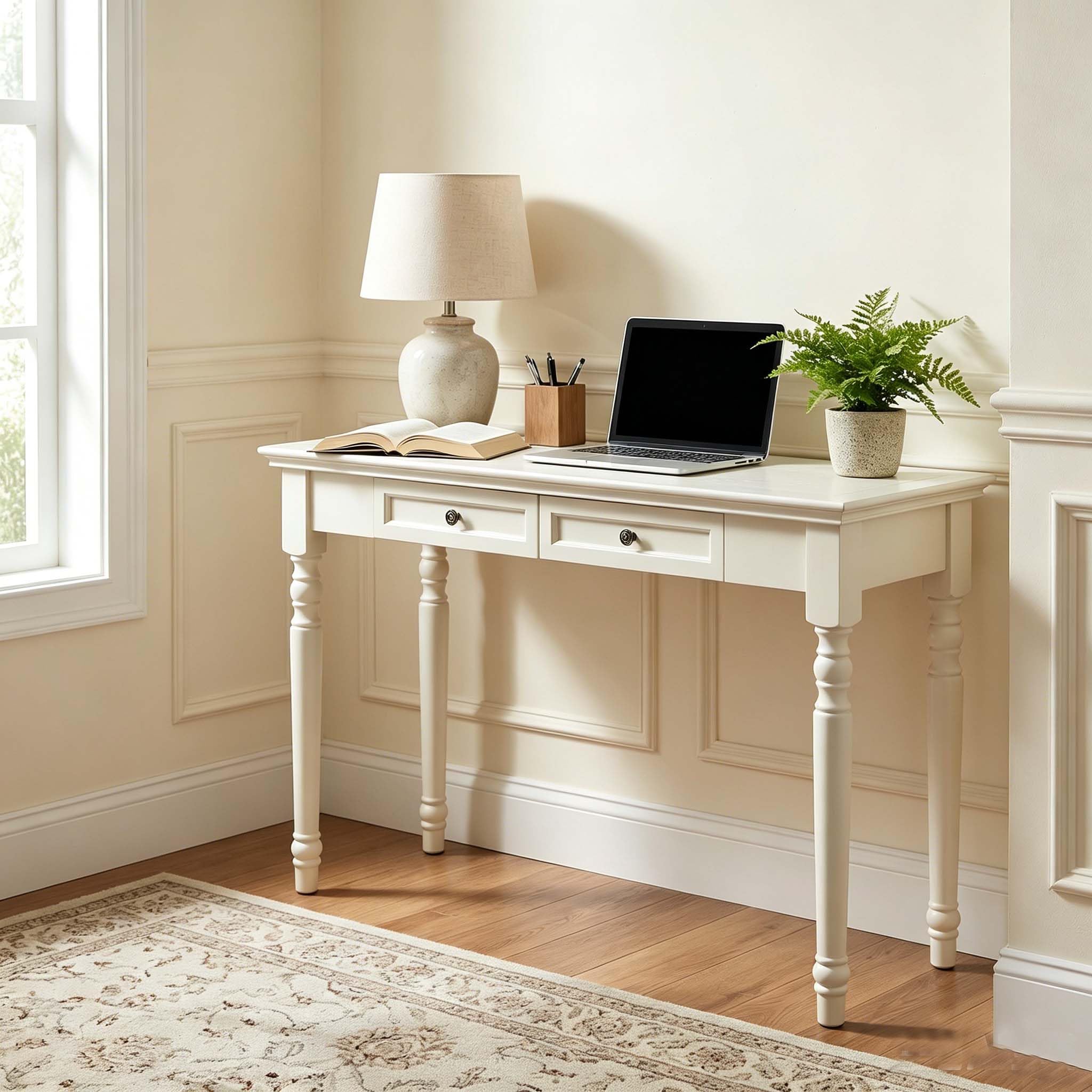 Walnut Writing Desks with Drawers, 35" Solid Wood French Country Style Computer Desk for Home Office, Living Room Study or Workspace