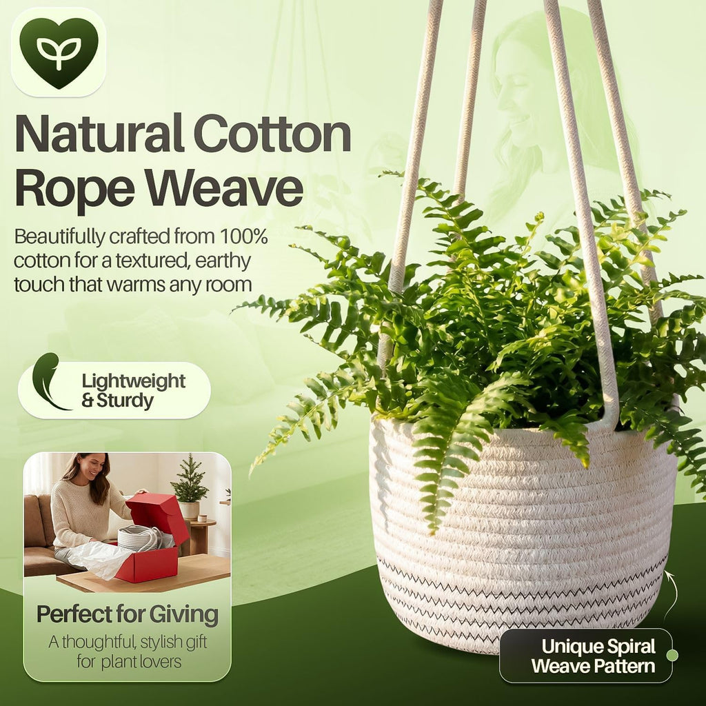 Flexzion Macrame Plant Hanger Basket for Indoor Plants - 8 Inch Jute Rope Planter Pot Cover, Woven Hanging Plant Holder Up to 7 Inch Pots, Boho Hanging Planters Home Decor Storage Organizer (White)