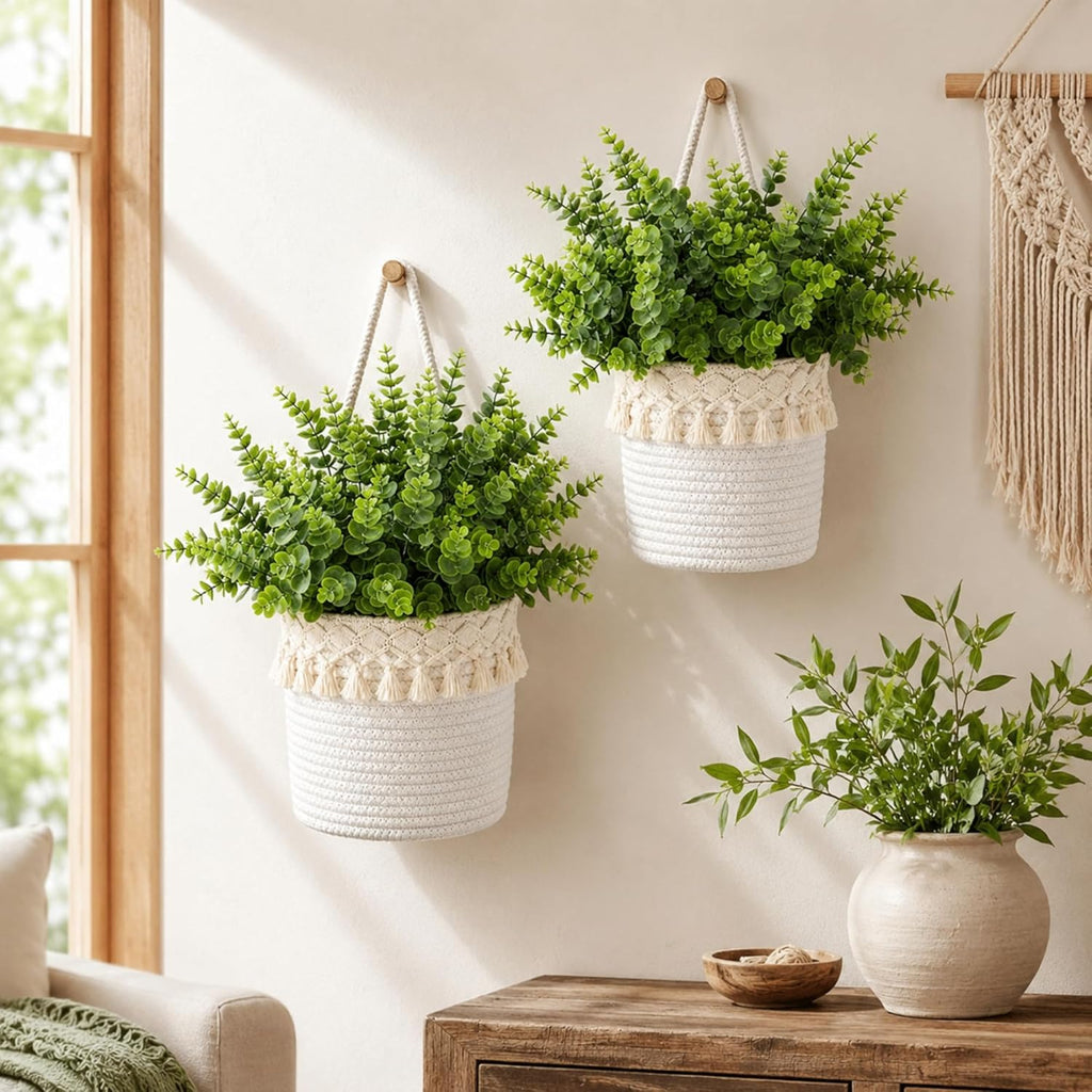 2pcs Hanging Wall Basket with Tassels 4 Pcs Faux Eucalyptus Stems, Boho Cotton Rope Woven Plant Holder, White Hanging Planter for Living Room, Farmhouse Decor, Housewarming Gift for Women