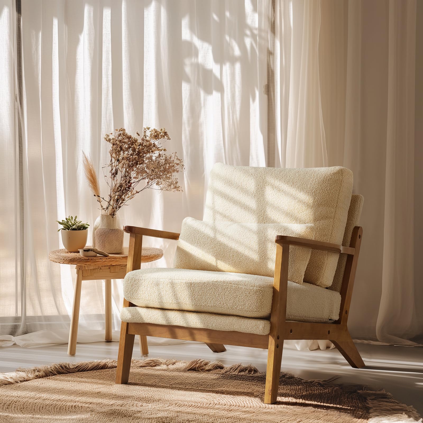 VINGLI Solid Wood Wide Armrests Accent Chair,Upholstered Mid Century Modern Chair with Pillow,Comfy Reading Chair Farmhouse Arm Chair,Chairs Living Room,Bedroom,Guest Room,Suede,Rustic