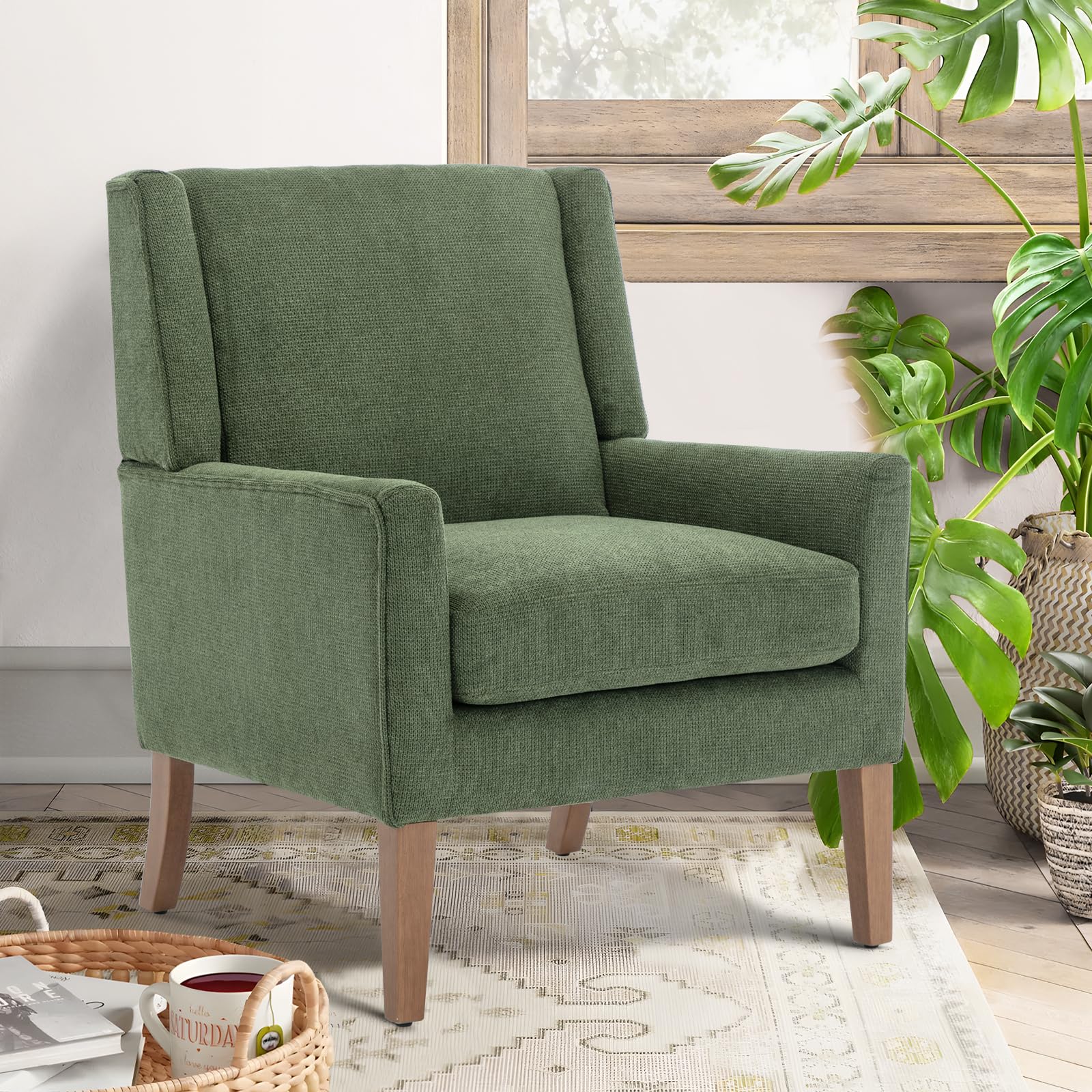 COLAMY Modern Wingback Living Room Chair, Upholstered Fabric Accent Armchair, Single Sofa Chair with Lounge Seat and Wood Legs for Office/Bedroom/Reading Spaces, Beige