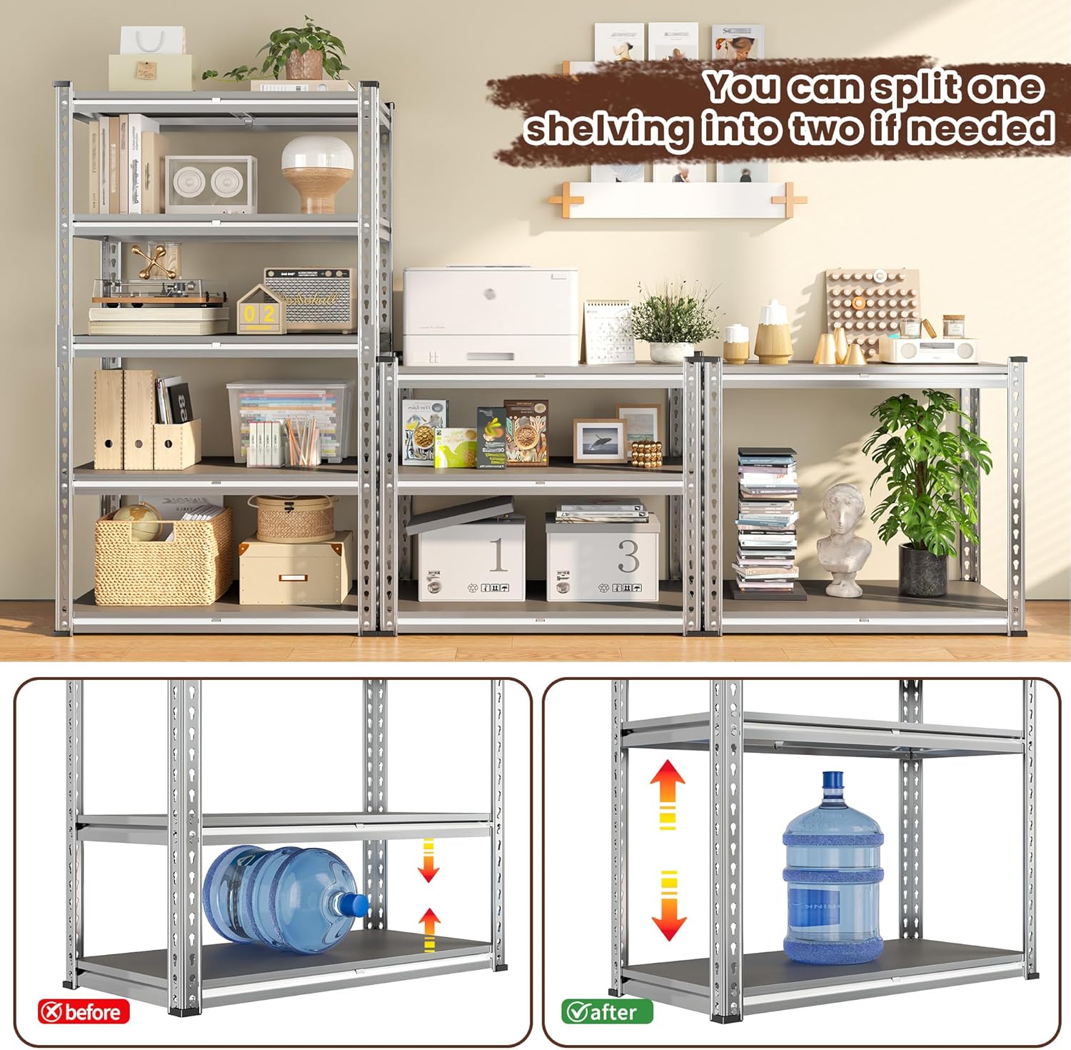 Romorgniz Plant Shelf, Waterproof & Rustproof Metal Shelving with PP Broad Outdoor, 2000Lbs Adjustable Galvanized Plant Shelf for Patio Gardening Closet Kitchen Basement, 60" H x 27.5" W x 11.8" D
