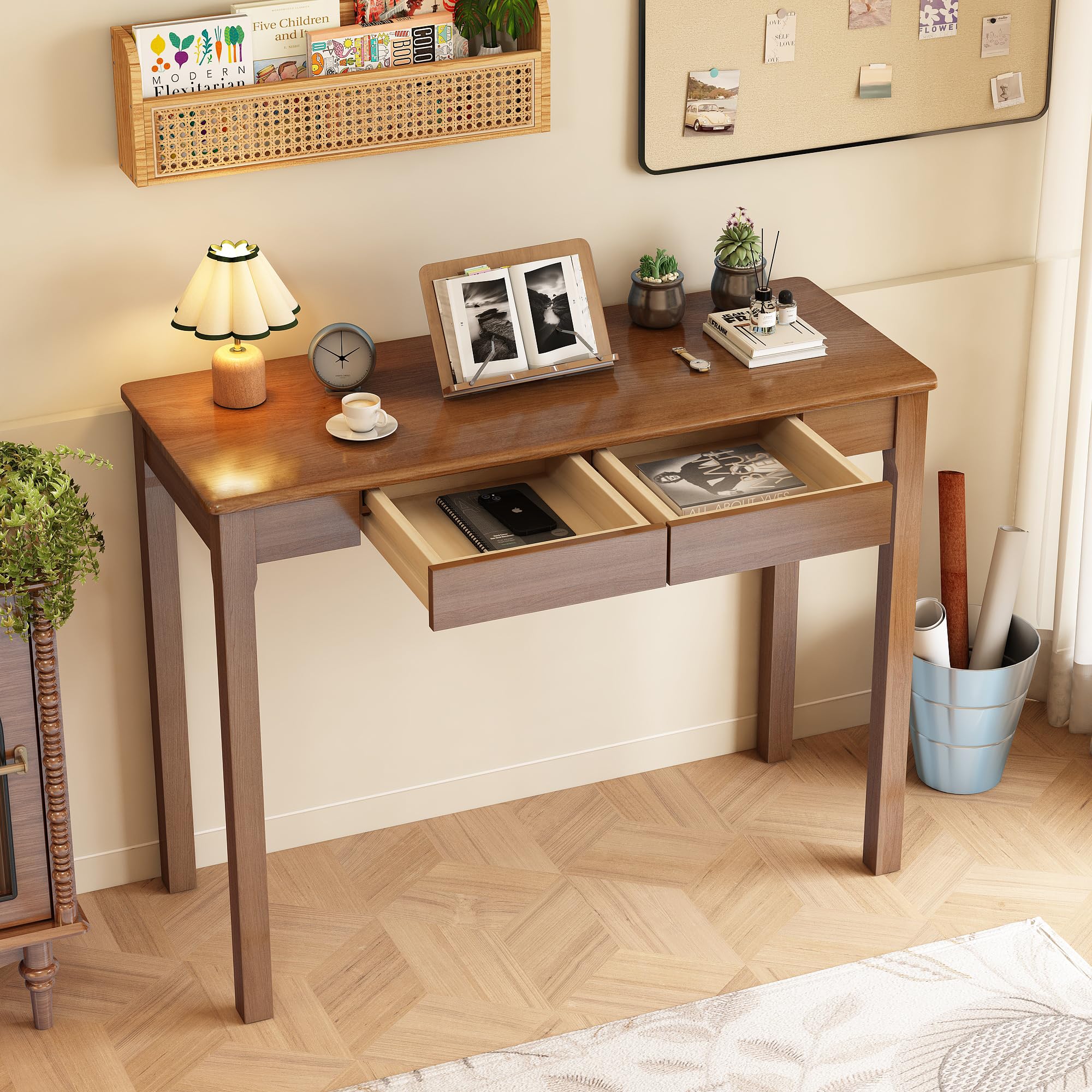 32×16 Inch Walnut Rubberwood Mid Century Narrow Desk with Drawers, Small Writing Table for Bedroom Small Spaces