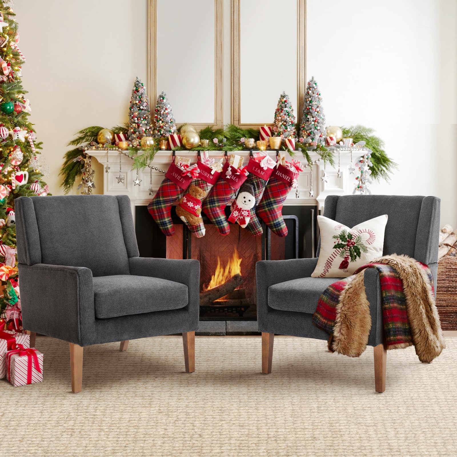 COLAMY Modern Wingback Living Room Chair, Upholstered Fabric Accent Armchair, Single Sofa Chair with Lounge Seat and Wood Legs for Office/Bedroom/Reading Spaces, Beige