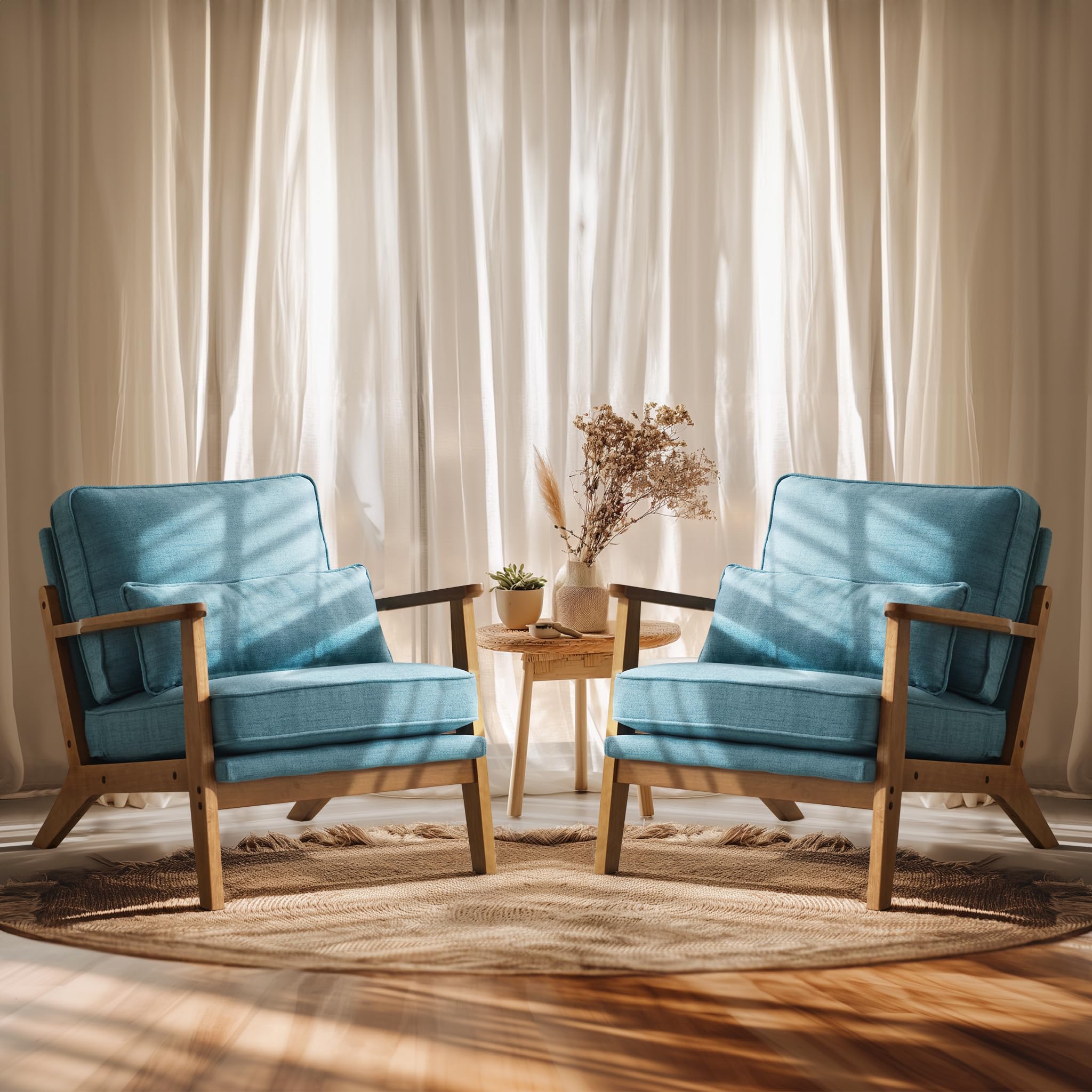 VINGLI Solid Wood Wide Armrests Accent Chair,Upholstered Mid Century Modern Chair with Pillow,Comfy Reading Chair Farmhouse Arm Chair,Chairs Living Room,Bedroom,Guest Room,Suede,Rustic