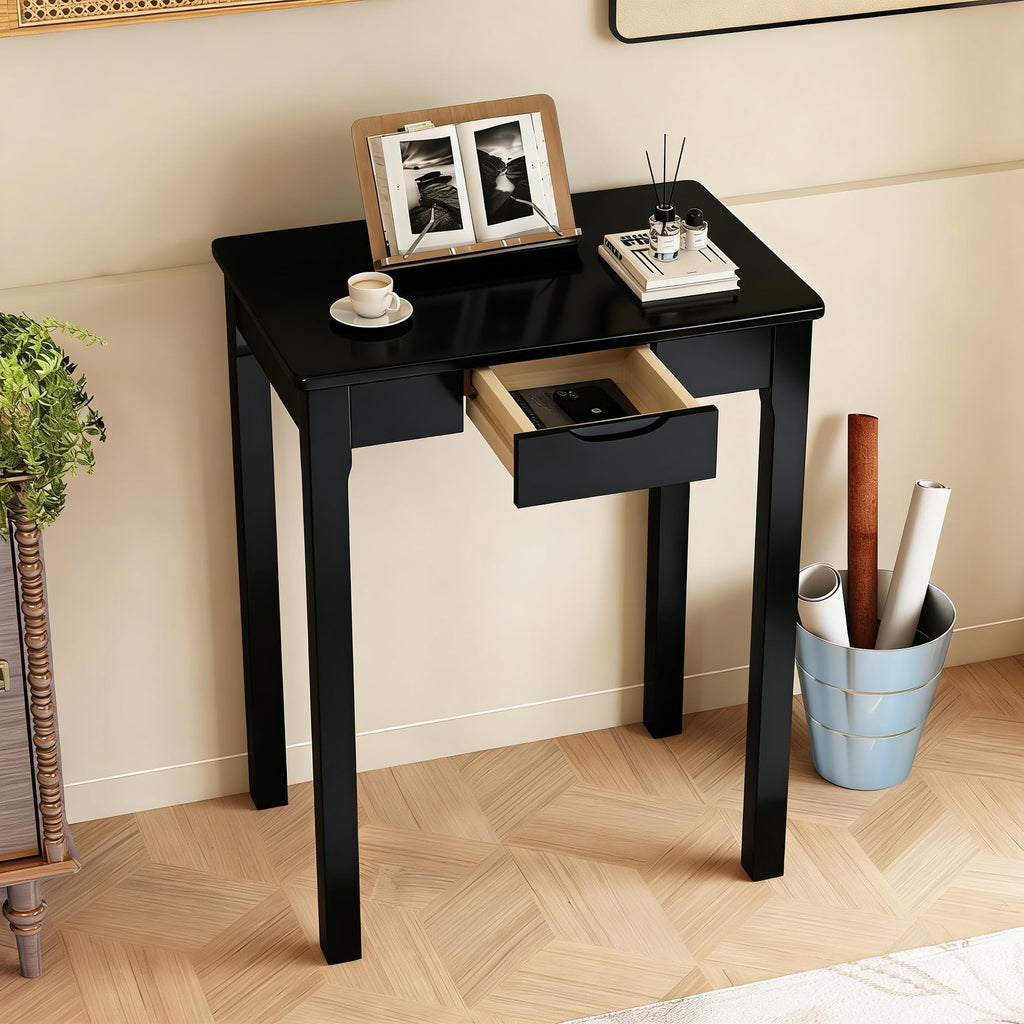 32×16 Inch Walnut Rubberwood Mid Century Narrow Desk with Drawers, Small Writing Table for Bedroom Small Spaces