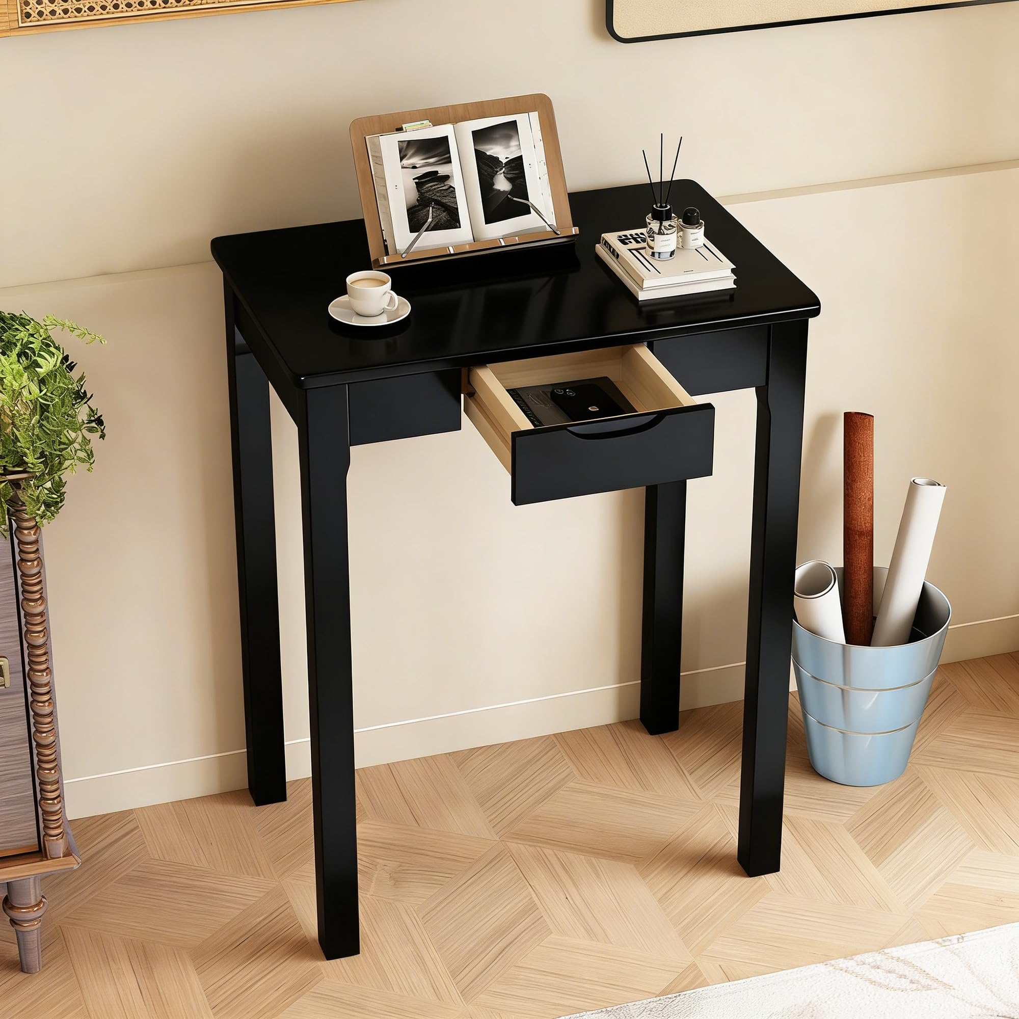 32×16 Inch Walnut Rubberwood Mid Century Narrow Desk with Drawers, Small Writing Table for Bedroom Small Spaces