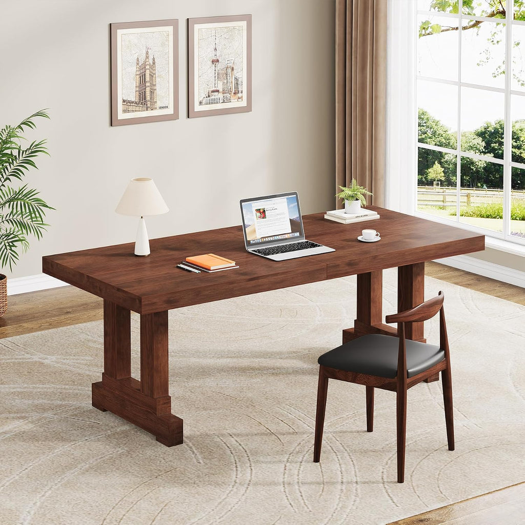 Solid Wood Computer Desk 63inches, Home Office Desk with Sturdy Wood Legs, Farmhouse Workstations Writing Table for Home Office, Dark Brown
