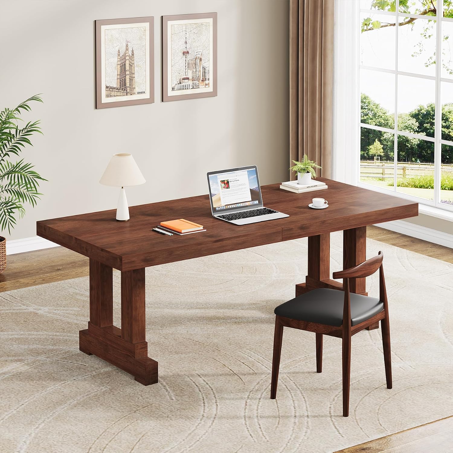 Solid Wood Computer Desk 63inches, Home Office Desk with Sturdy Wood Legs, Farmhouse Workstations Writing Table for Home Office, Dark Brown